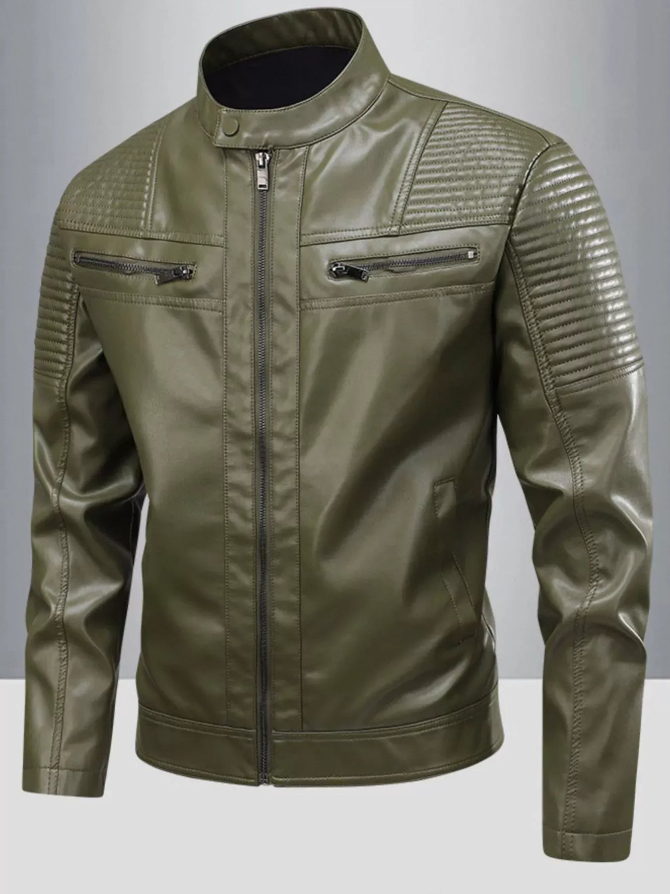 Trendsi Khaki / S Men's Full Size Zip Up Leather Motorcycle Jacket Plus Size