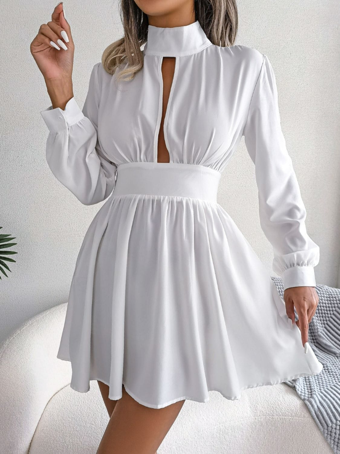 Trendsi White / S Cutout Turtleneck A-Line Mini Dress