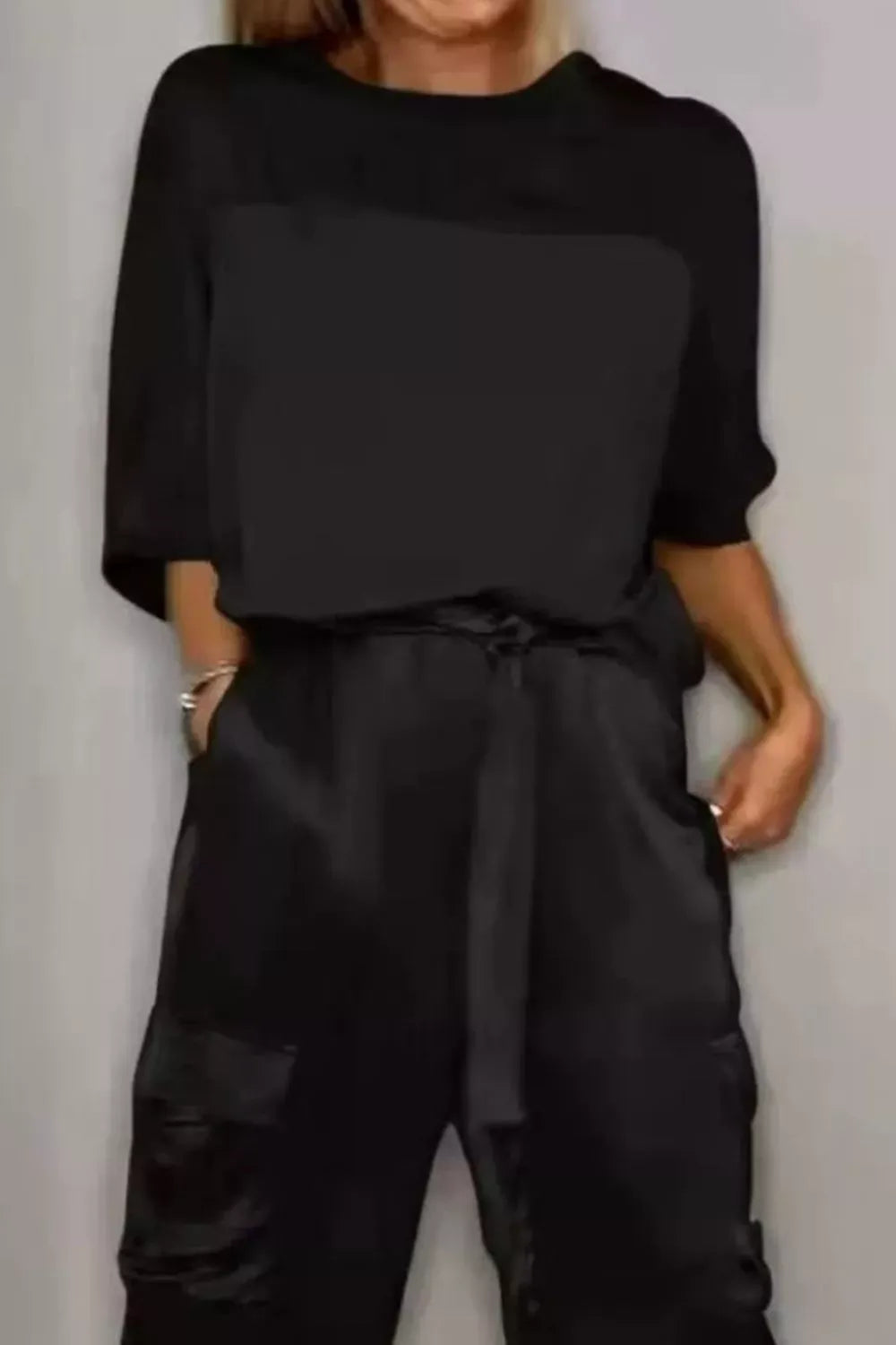Trendsi Black / S Satin Round Neck Top and Pants Set