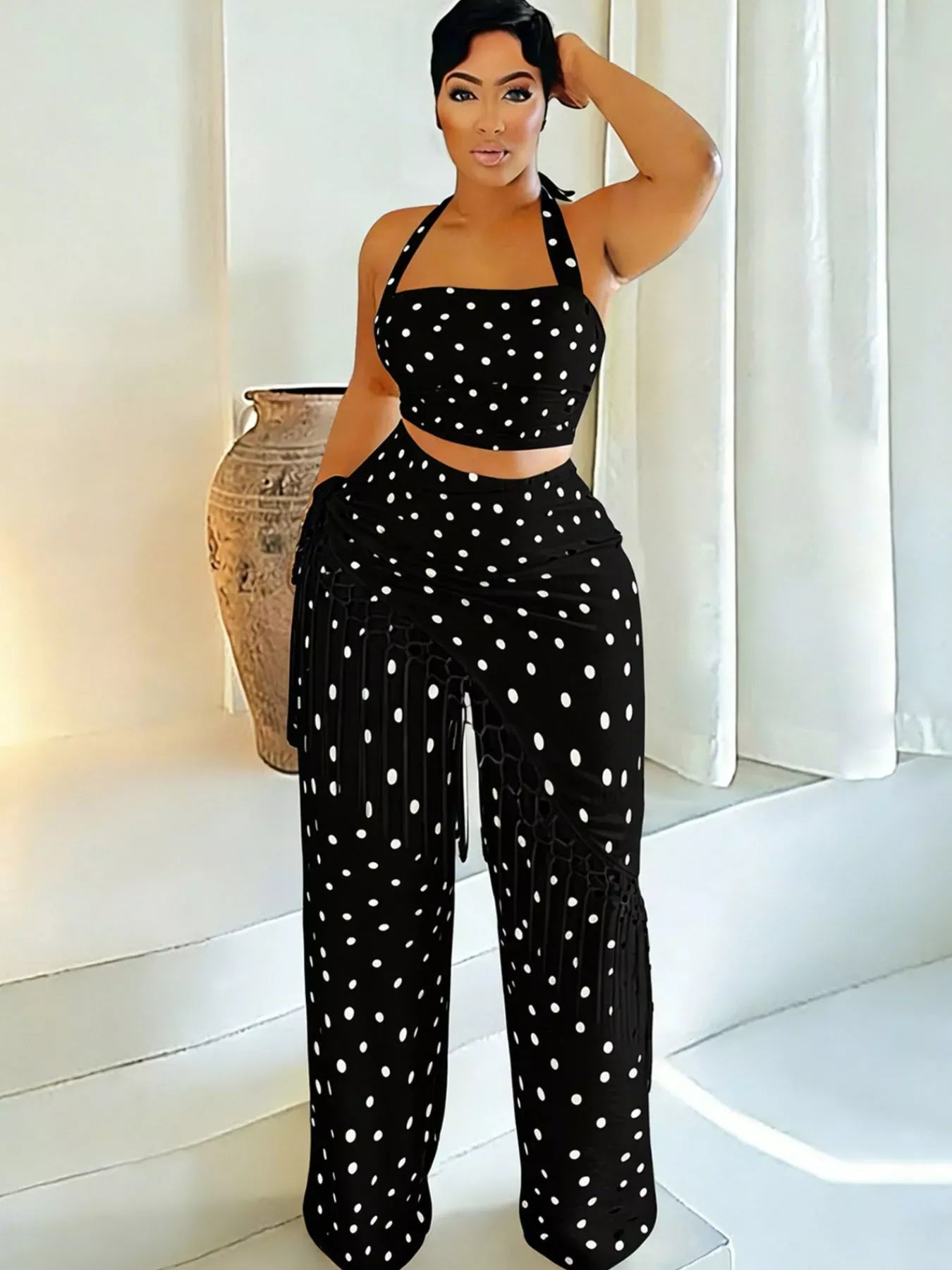 Trendsi Black / S Polka Dot Halter Neck Cami and Fringe Trim Pants Set