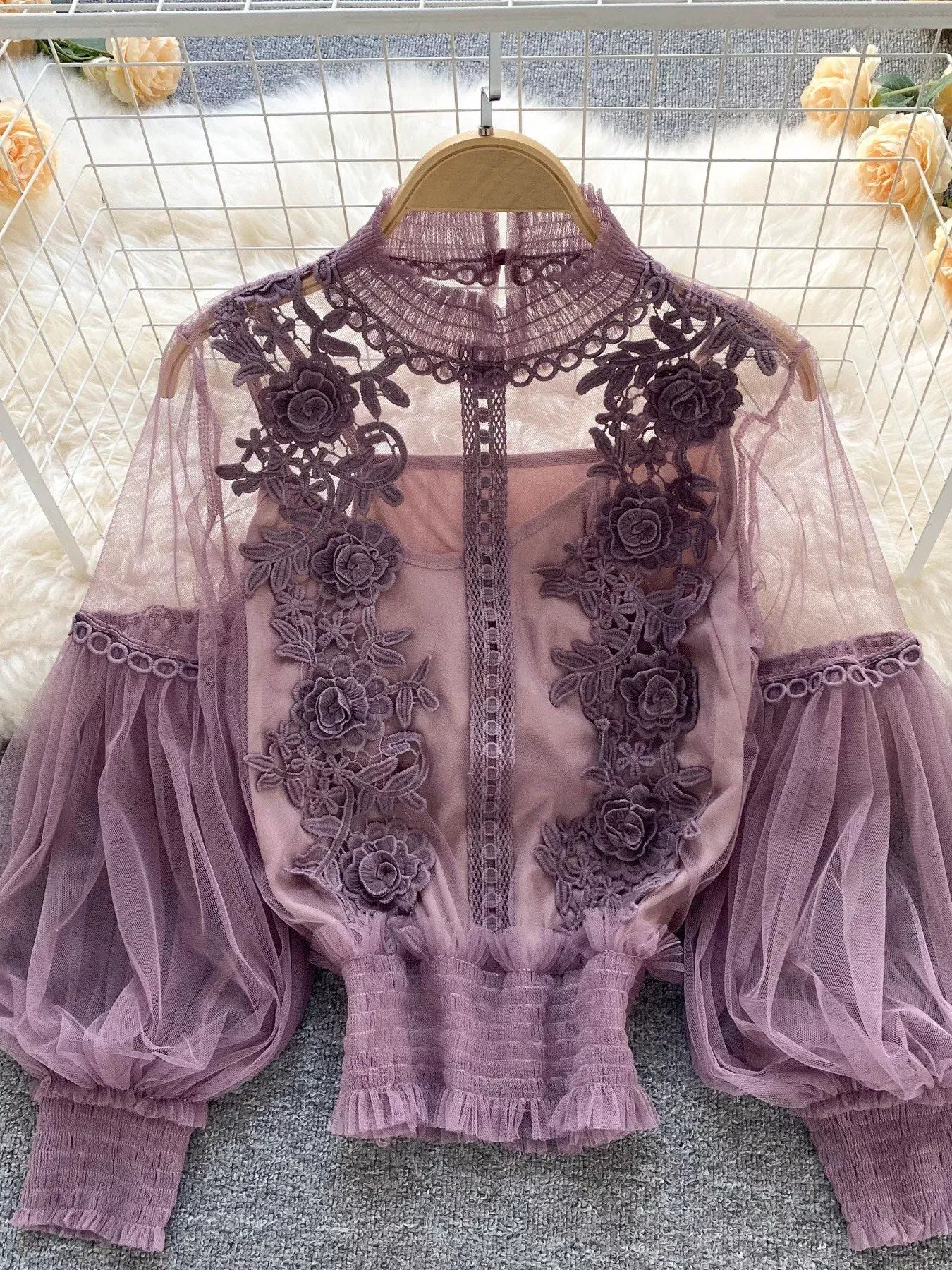 Trendsi Purple / One Size Floral Lace Blouse & Cami Set