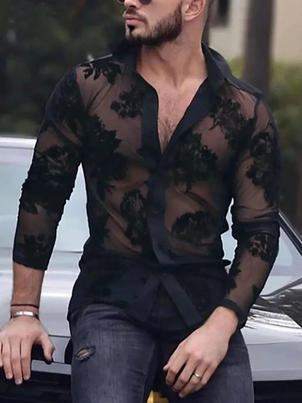 Trendsi shirt Black / S Men's Lace Button Down Long Sleeve Shirt