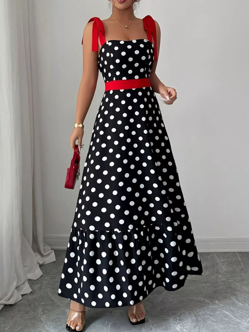 Trendsi Polka Dot Tie Strap Maxi Dress