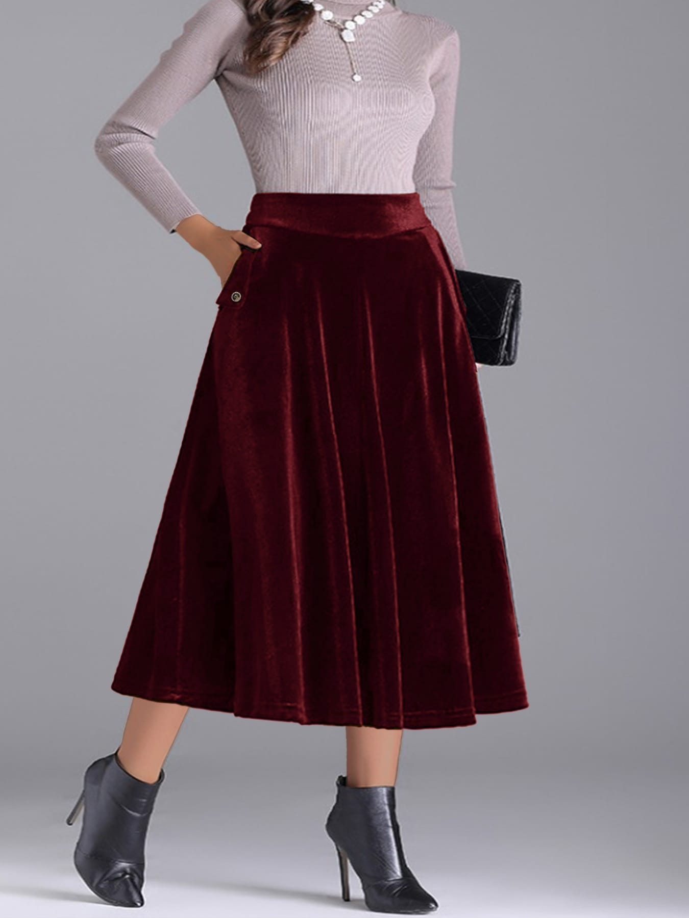 Trendsi Skirt Plus Size Elegant Velvet A-Line Midi Skirt
