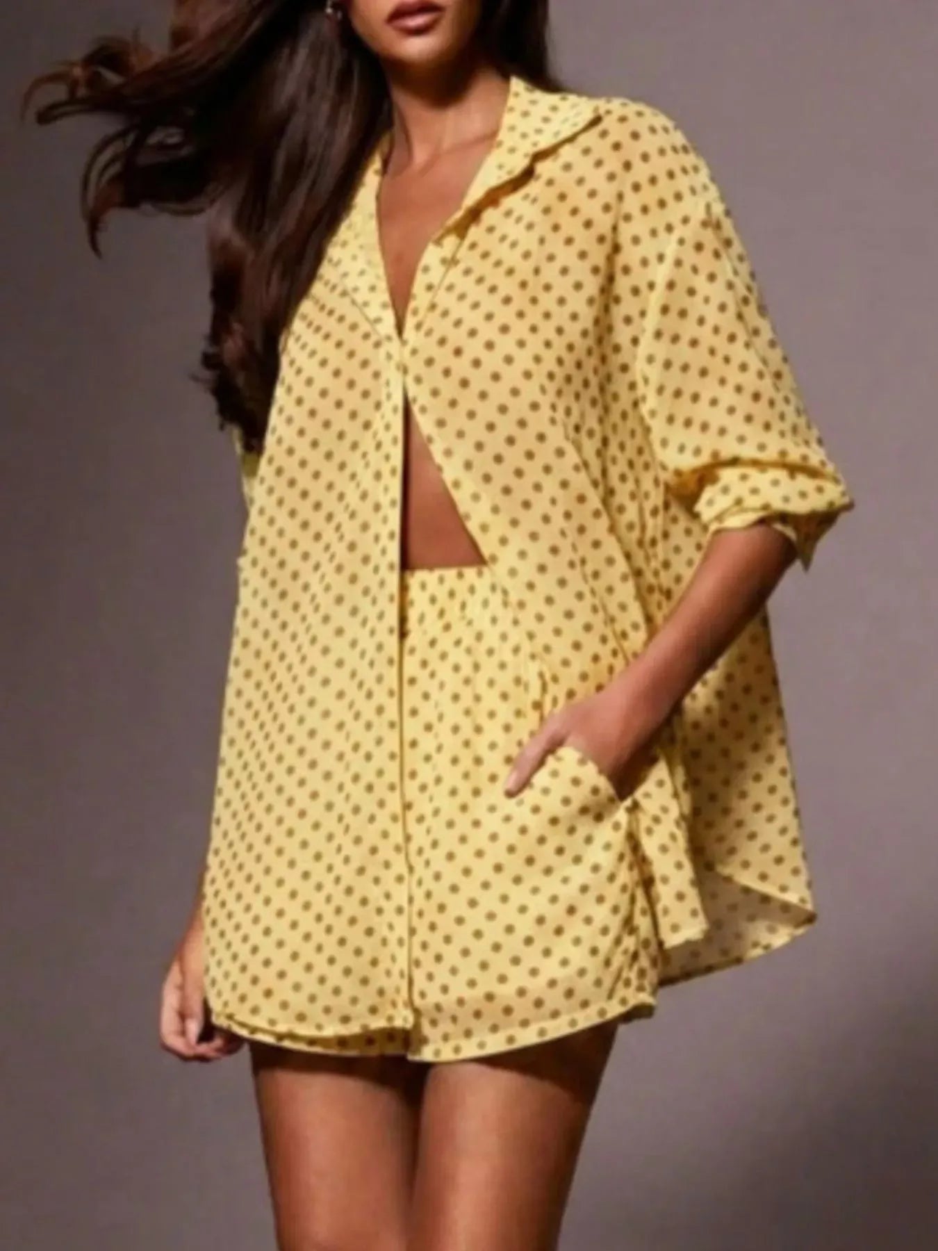 Trendsi Polka Dot Button Up Shirt and Shorts Set