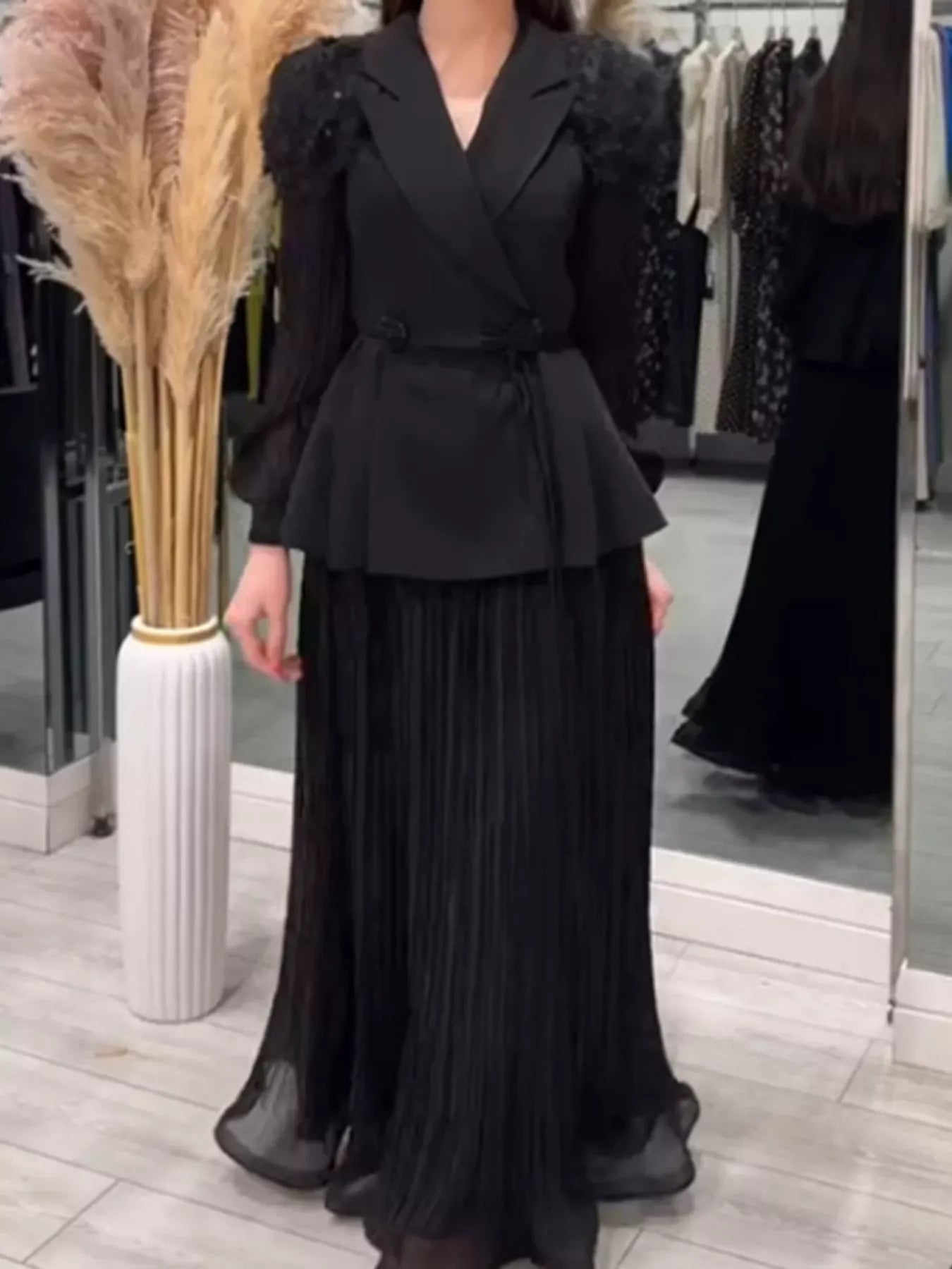 Trendsi Black / S Frill Lapel Collar Top and Pleated Skirt Set