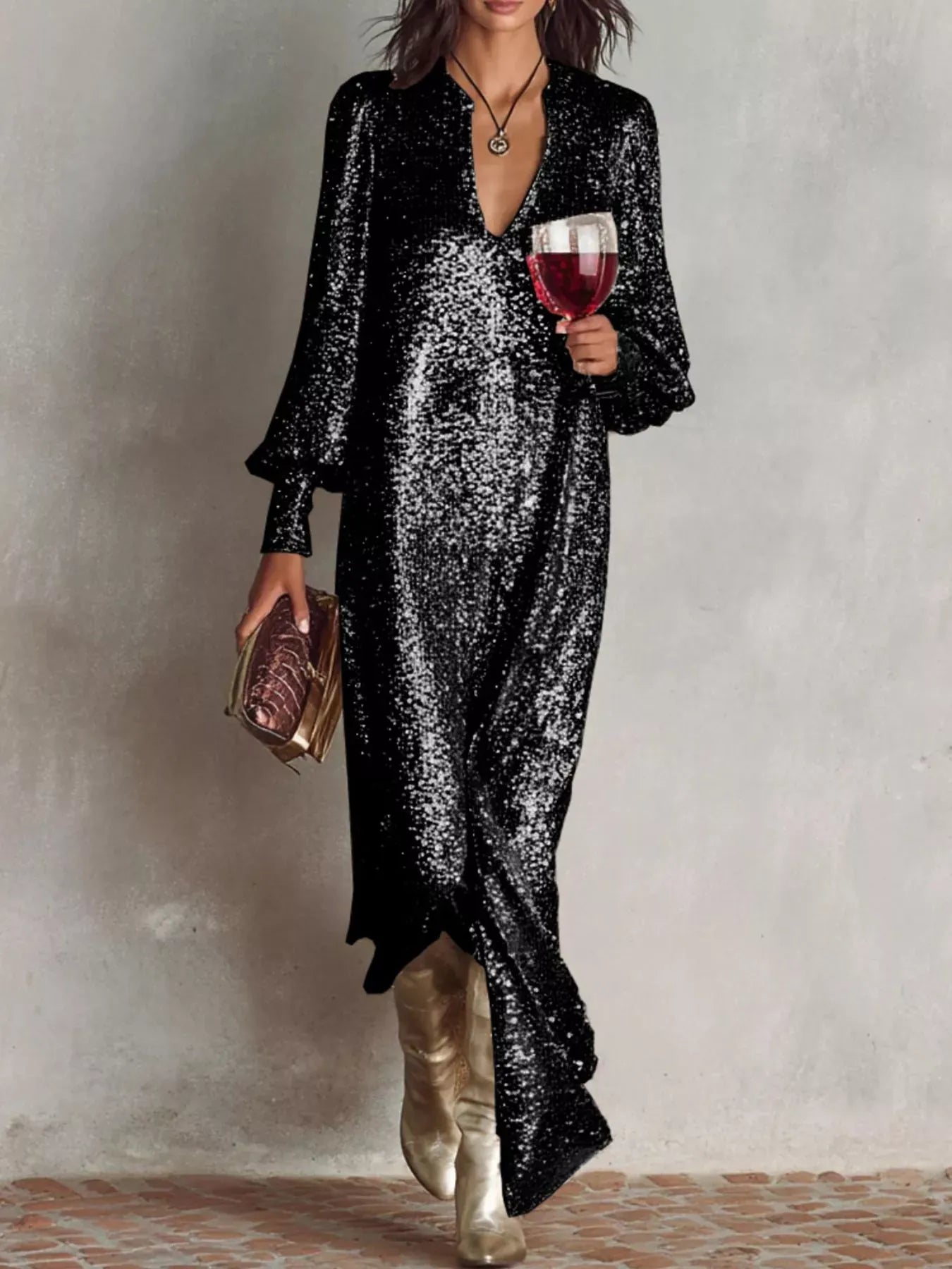 Trendsi Black / S Sequin Notched Lantern Sleeve Maxi Dress