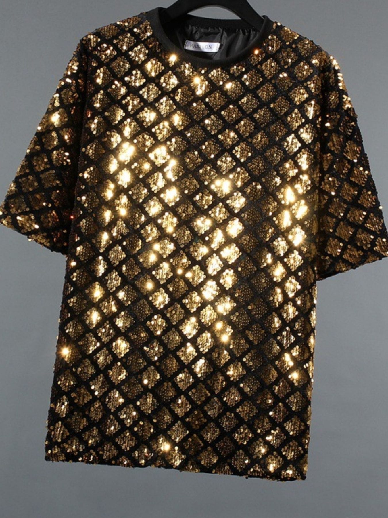 Trendsi Gold / M Men's Sequin Round Neck T-Shirt