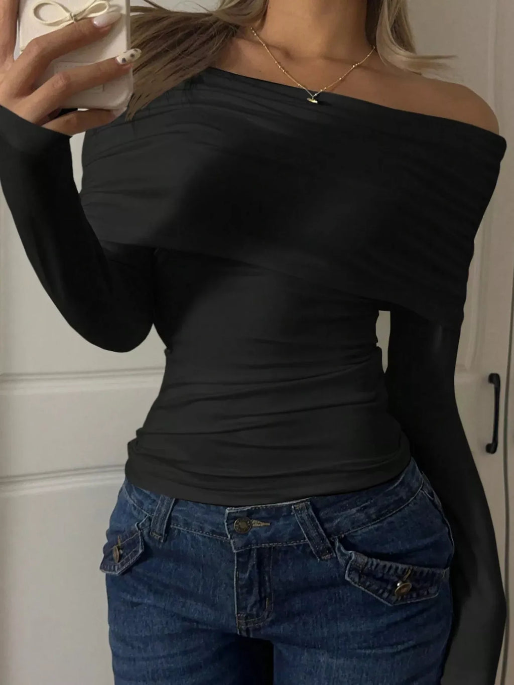 Trendsi Shirt Off-Shoulder Ruched Long Sleeve T-Shirt