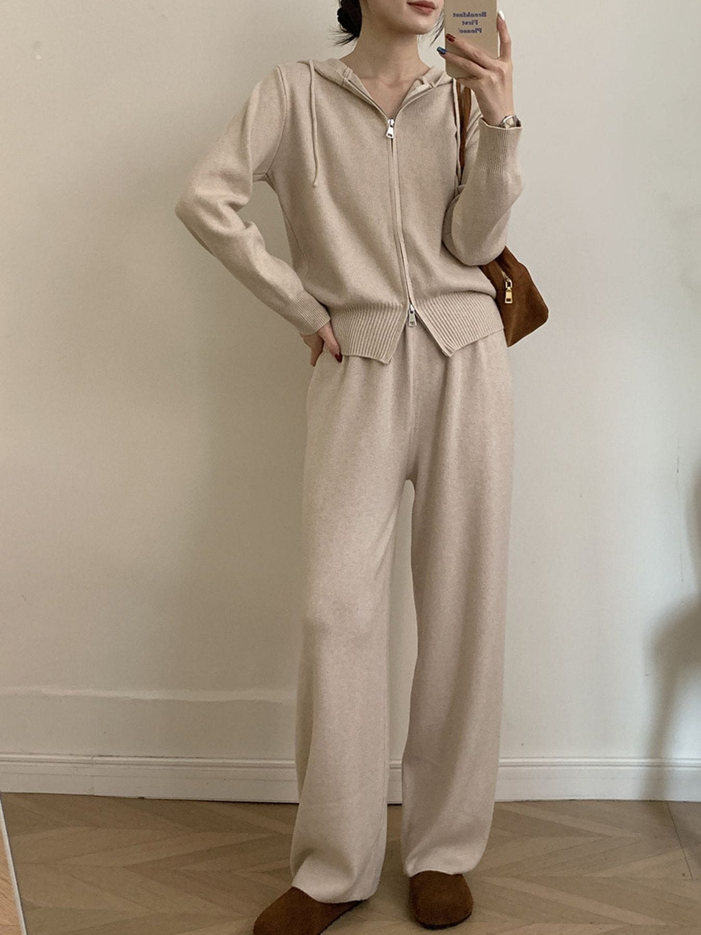 Trendsi Zip Up Cardigan and Drawstring Wide Leg Pants Knit Set