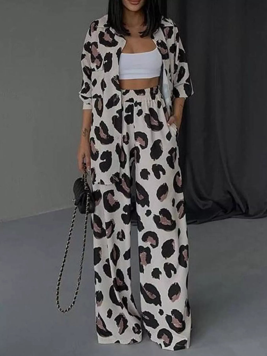Trendsi Leopard / S Leopard Print Relaxed Fit Shirt and Pants Two-Piece Set
