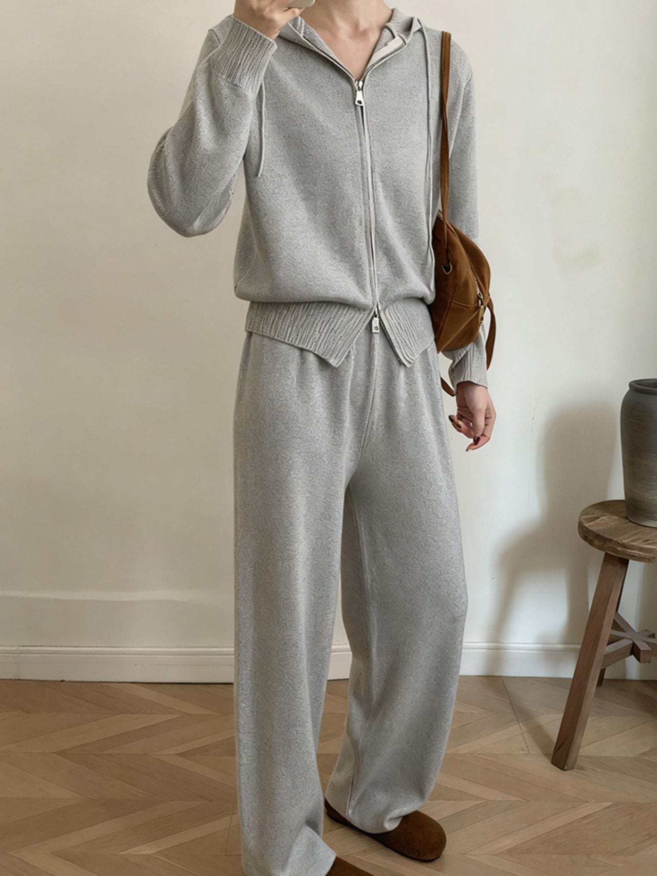 Trendsi Gray / One Size Zip Up Cardigan and Drawstring Wide Leg Pants Knit Set
