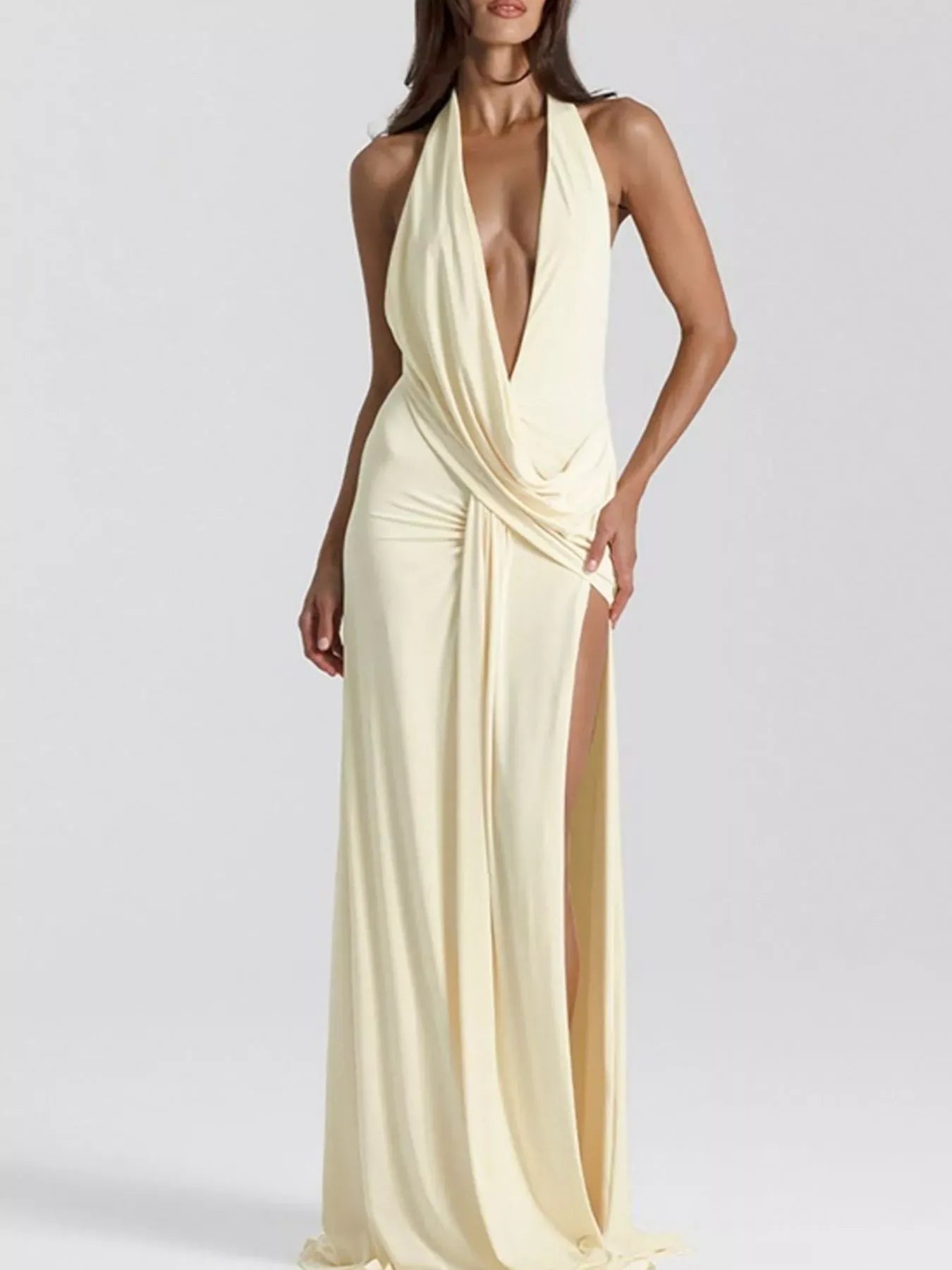 Trendsi Dress Yellow / S Split Backless Halter Neck Maxi Dress