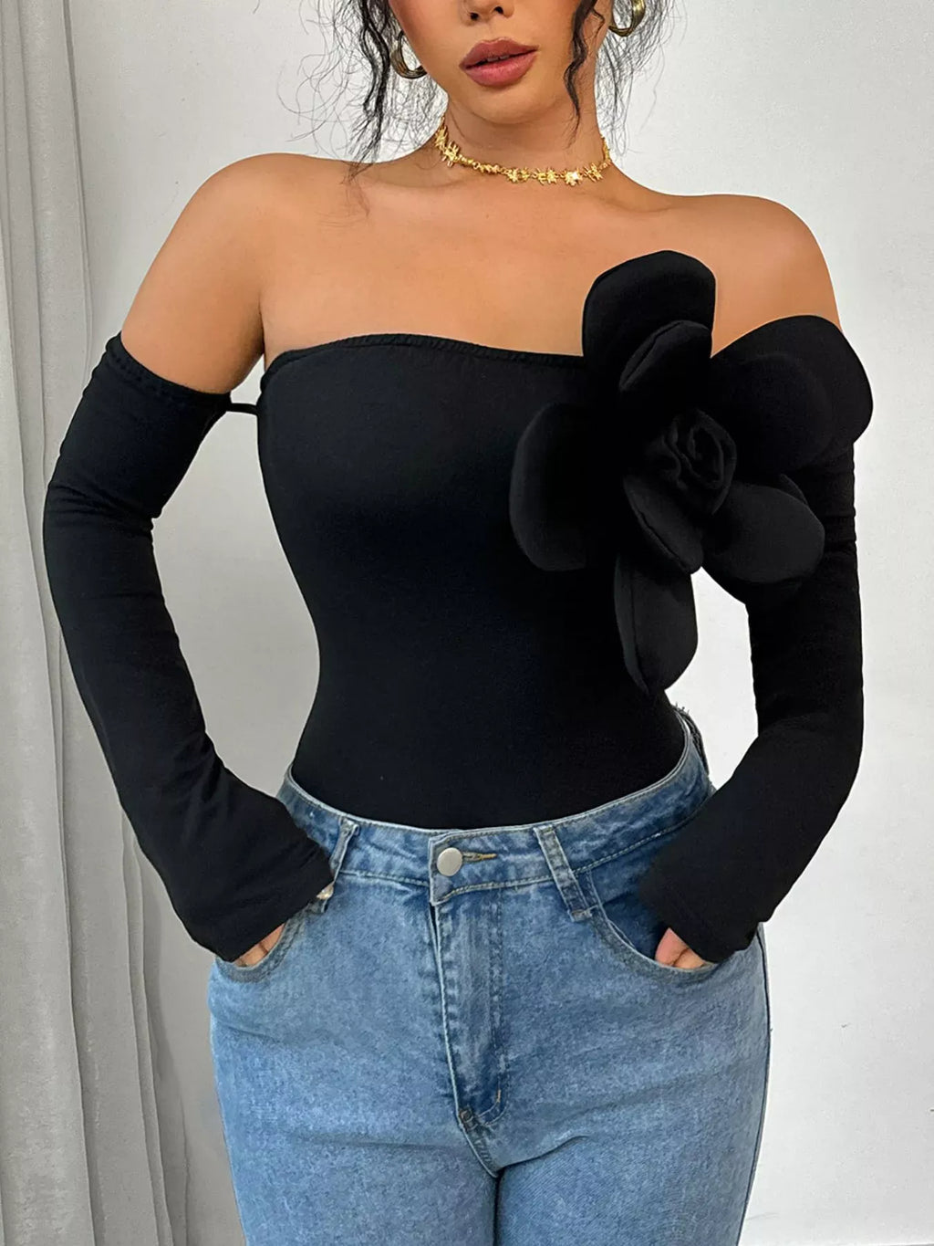 Trendsi Flower Off-Shoulder Long Sleeve Bodysuit