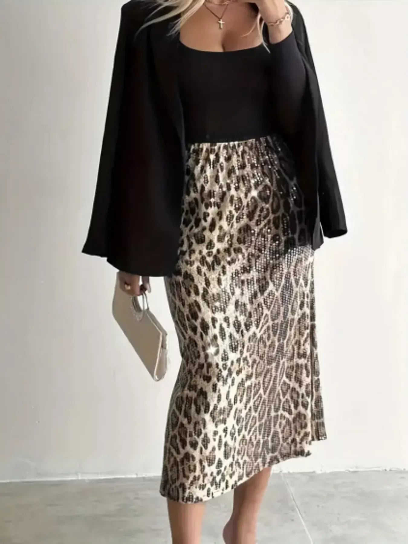 Trendsi Sequin Leopard Midi Skirt