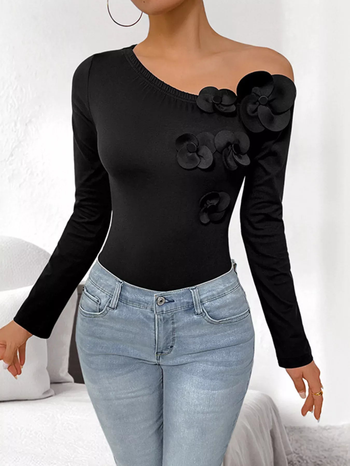Trendsi Flower One Shoulder Long Sleeve Bodysuit