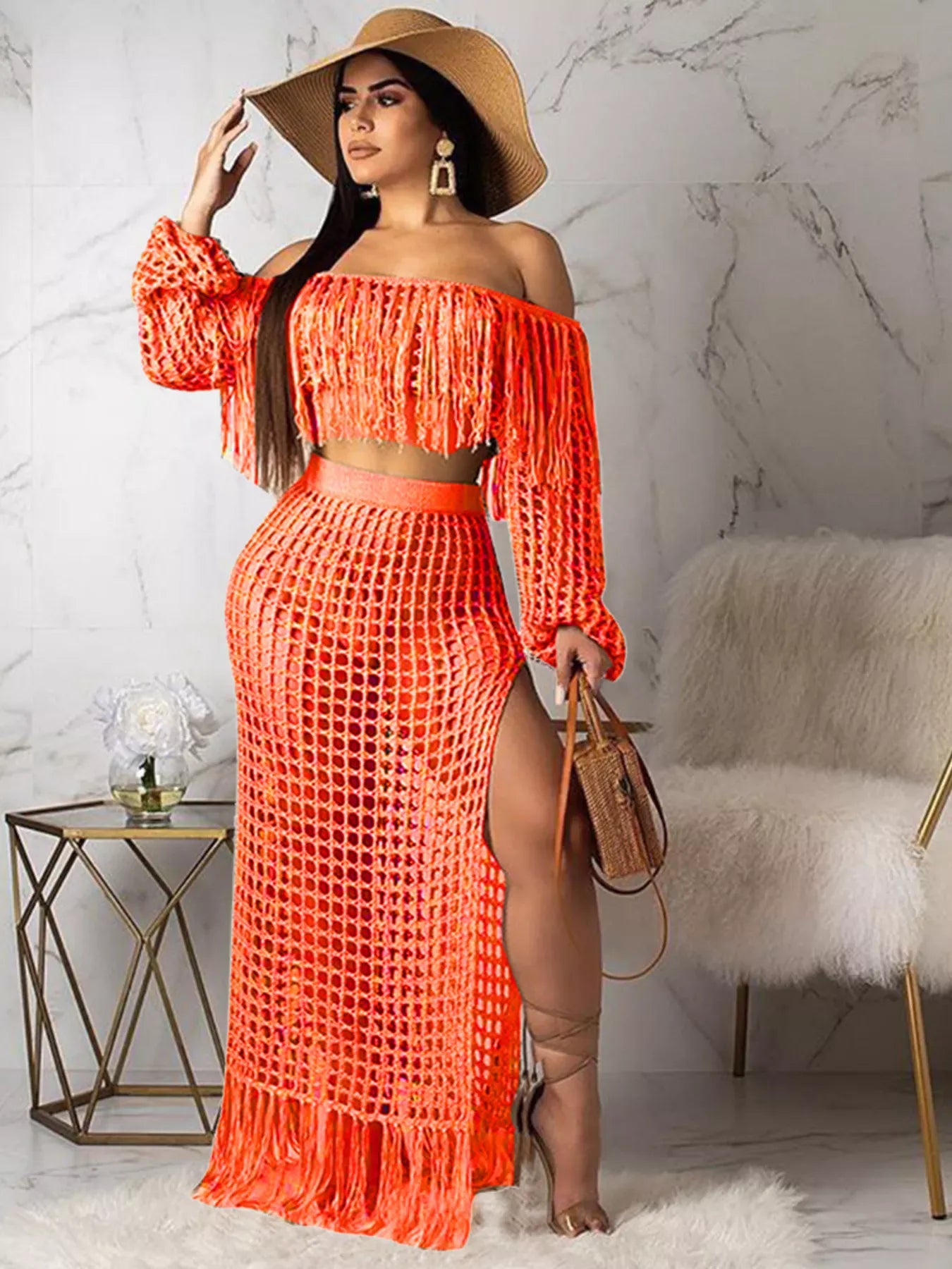 Trendsi Orange / S Full Size Crochet Off-Shoulder Fringe Top and Skirt Set Plus Size