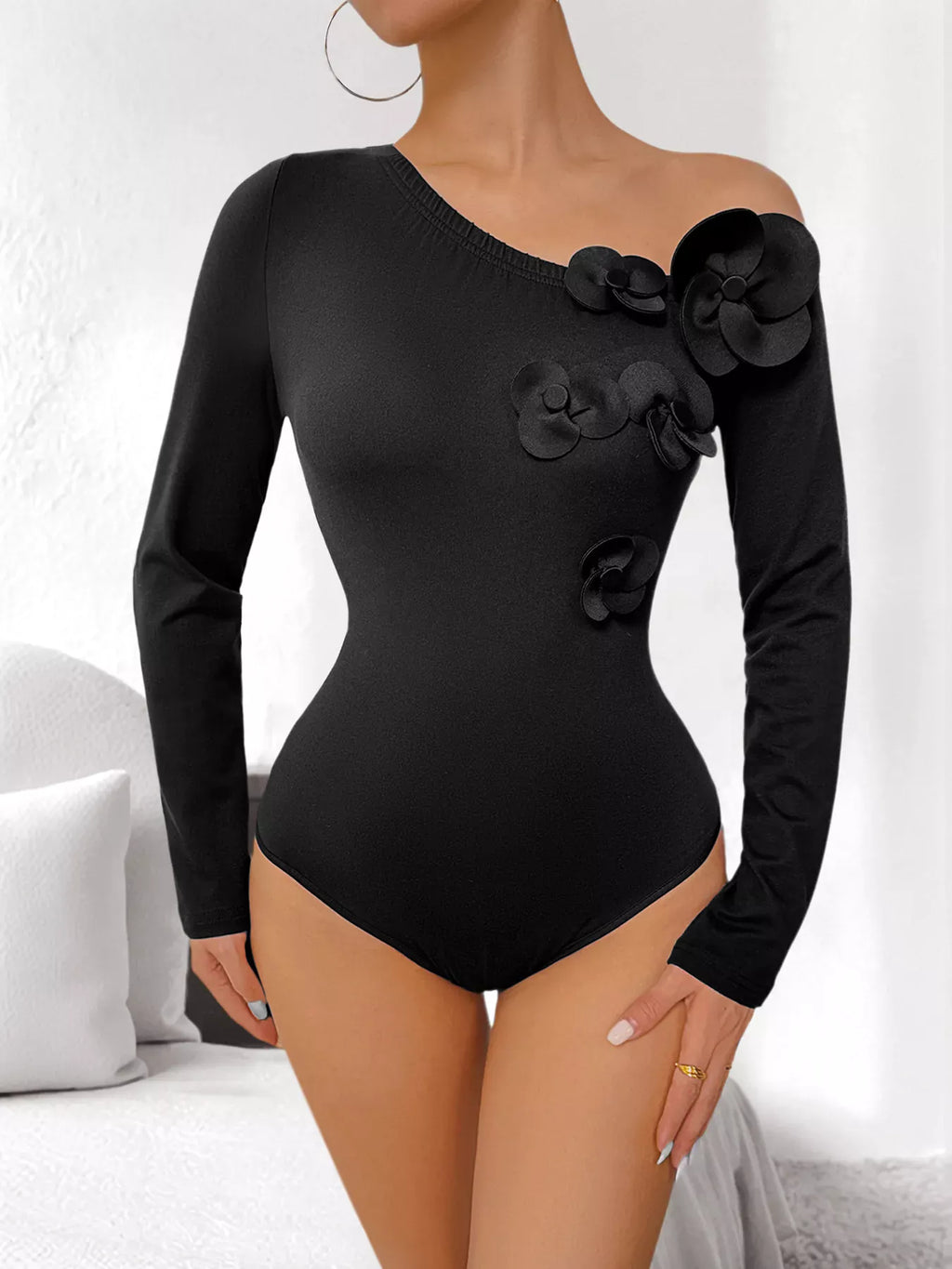 Trendsi Flower One Shoulder Long Sleeve Bodysuit