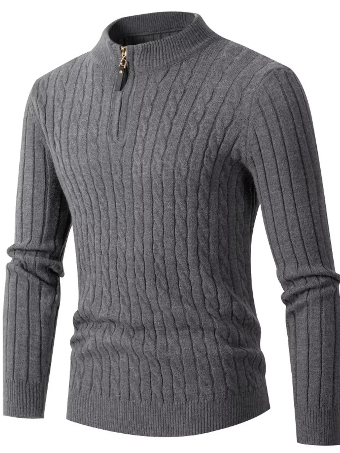 Trendsi Gray / S Men's Full Size Slim Fit Cable Knit Half Zip Sweater Plus Size