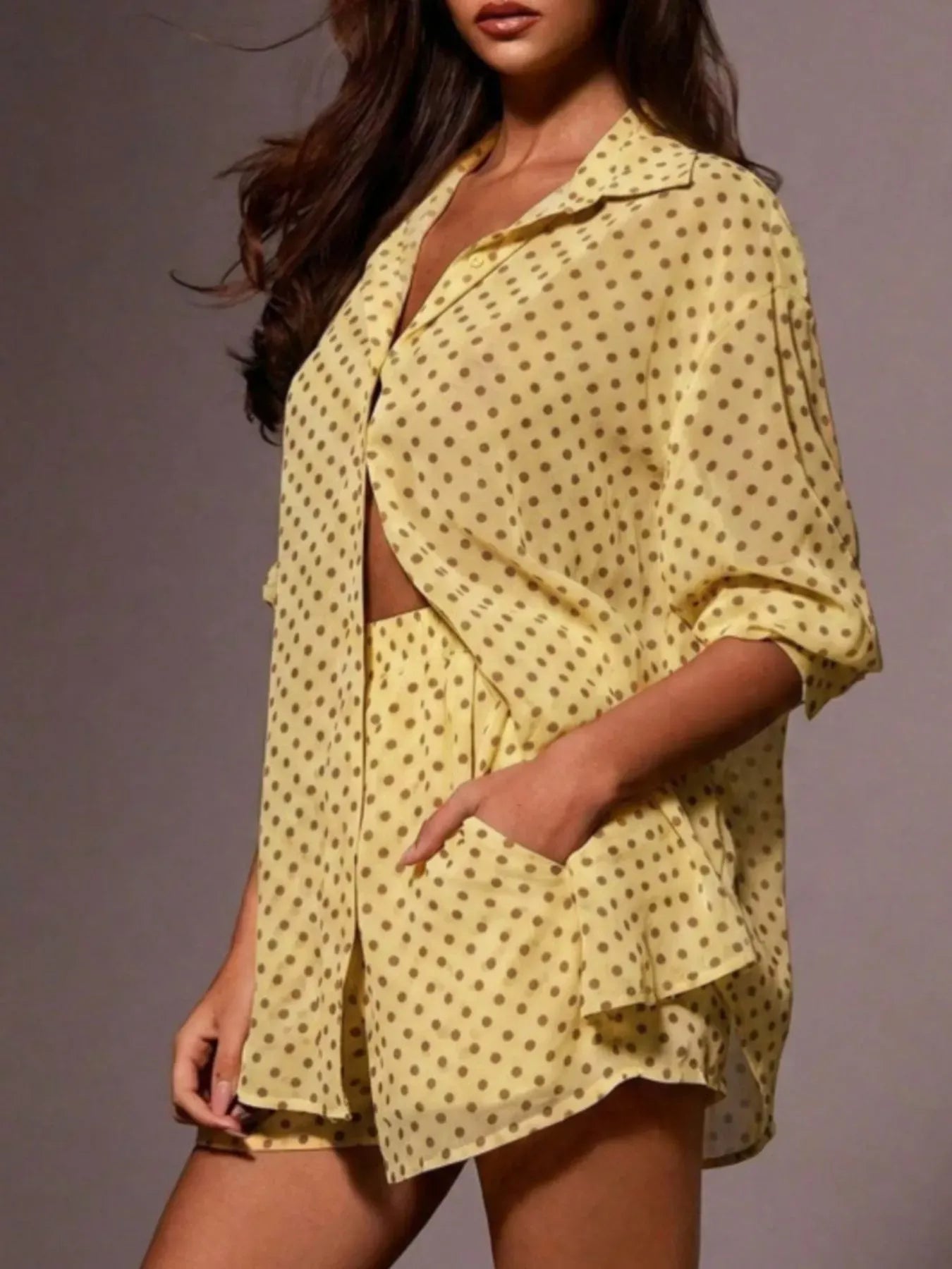 Trendsi Polka Dot Button Up Shirt and Shorts Set