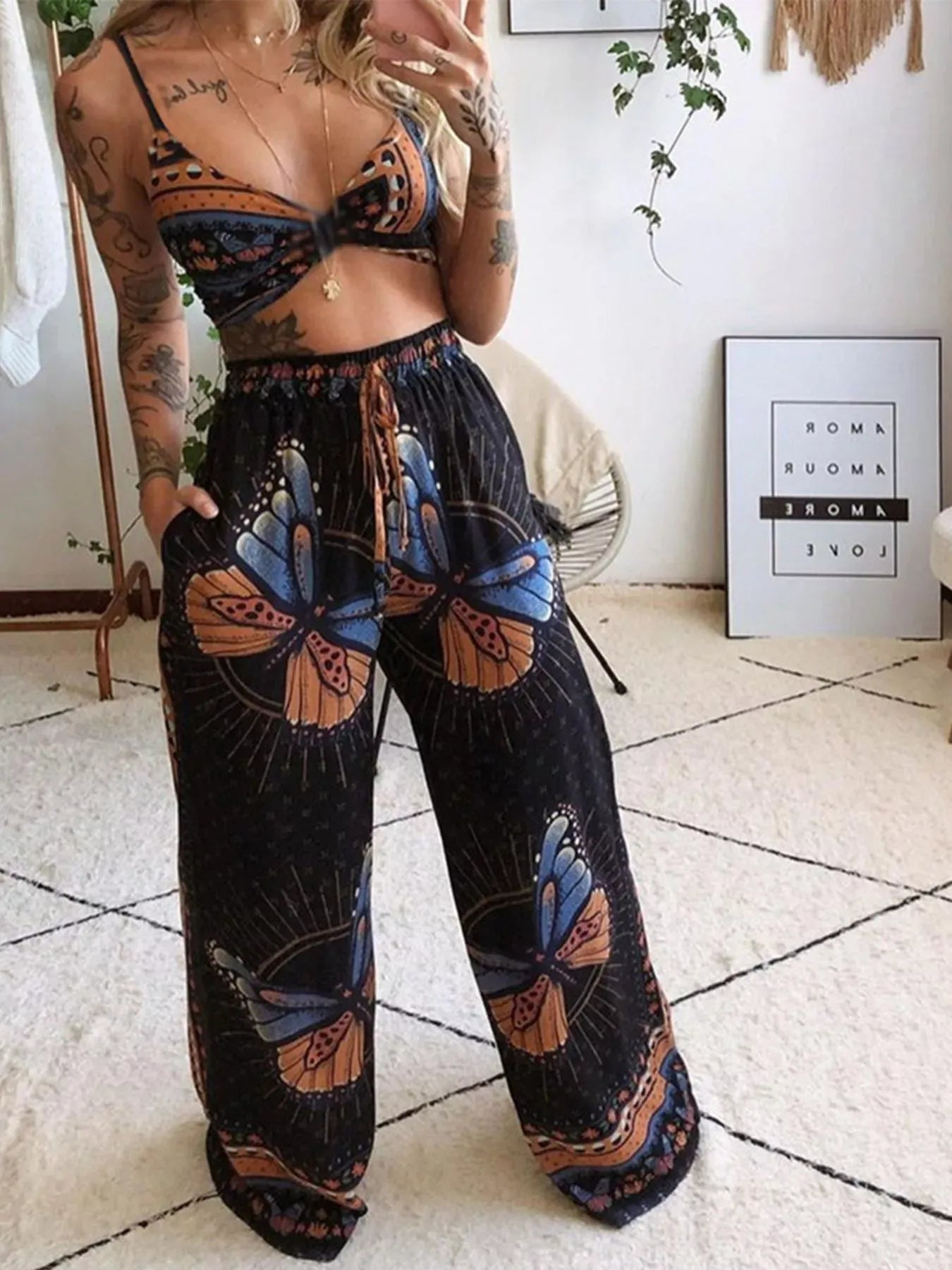 Trendsi Caramel / S Boho Butterfly Print Top and Pants Set