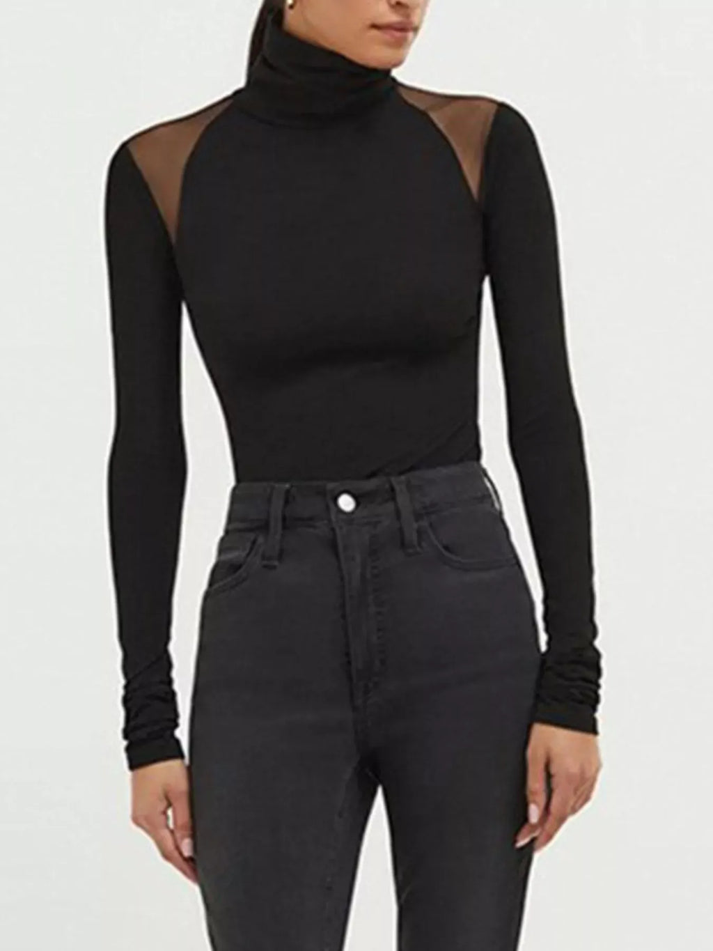 Trendsi Mesh Shoulder Turtleneck Bodysuit