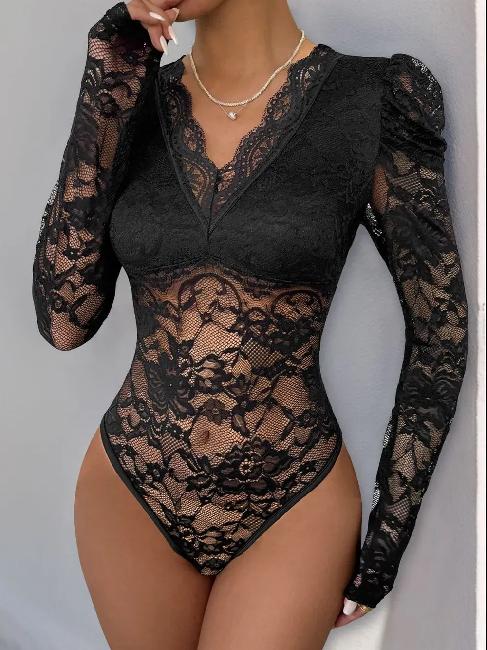 Trendsi Perfee Lace V-Neck Long Sleeve Bodysuit