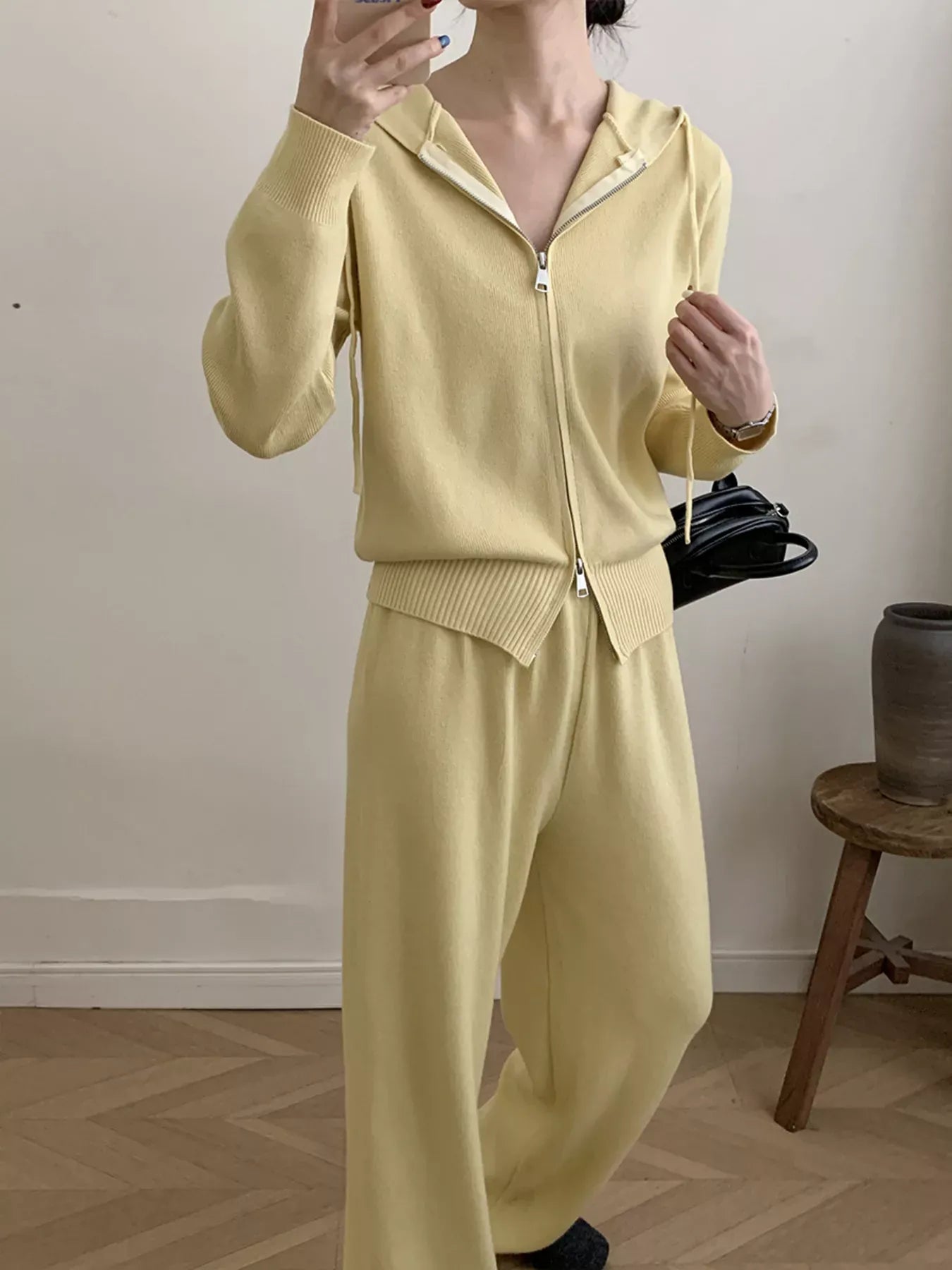 Trendsi Yellow / One Size Zip Up Cardigan and Drawstring Wide Leg Pants Knit Set