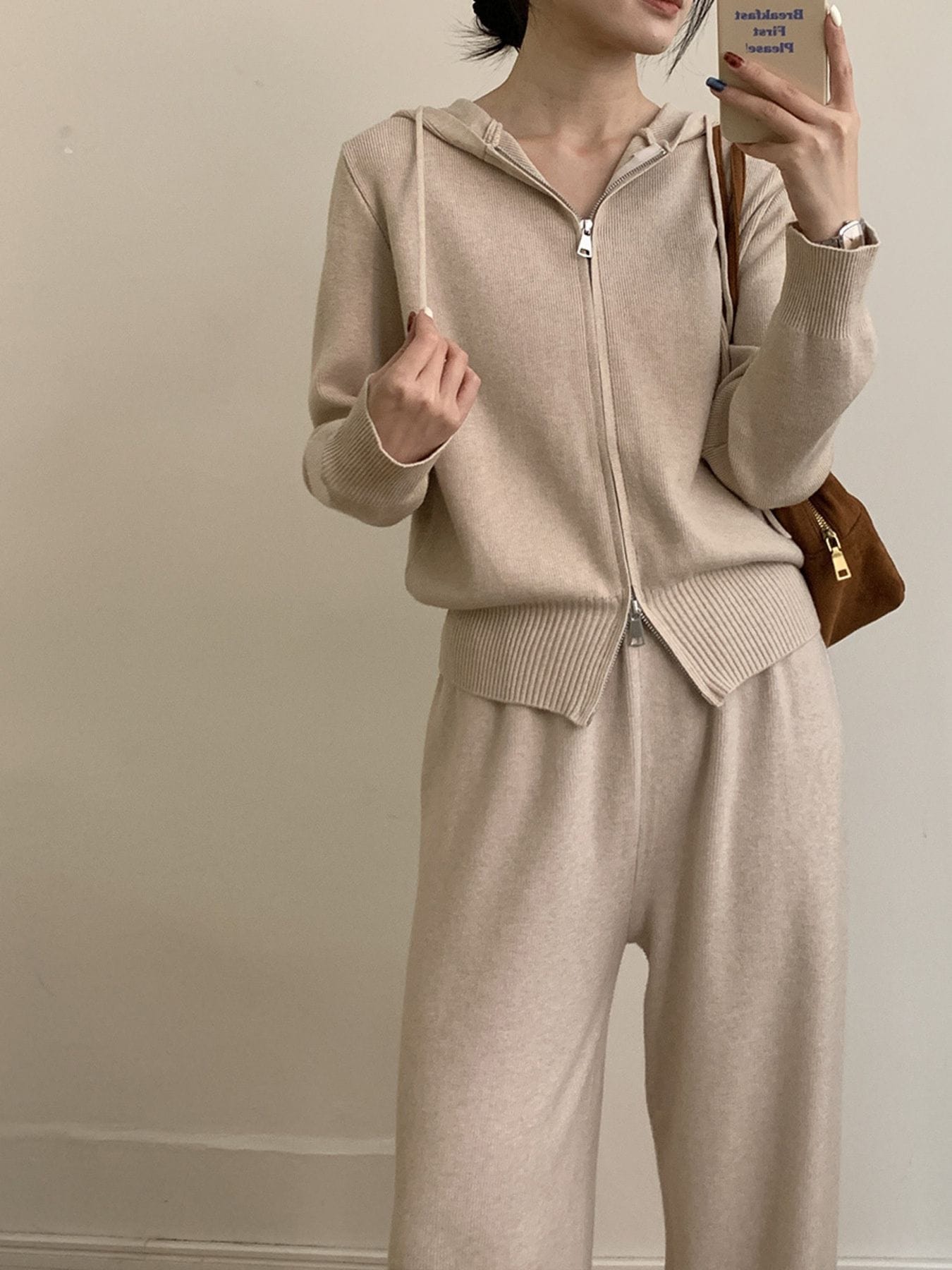 Trendsi Zip Up Cardigan and Drawstring Wide Leg Pants Knit Set