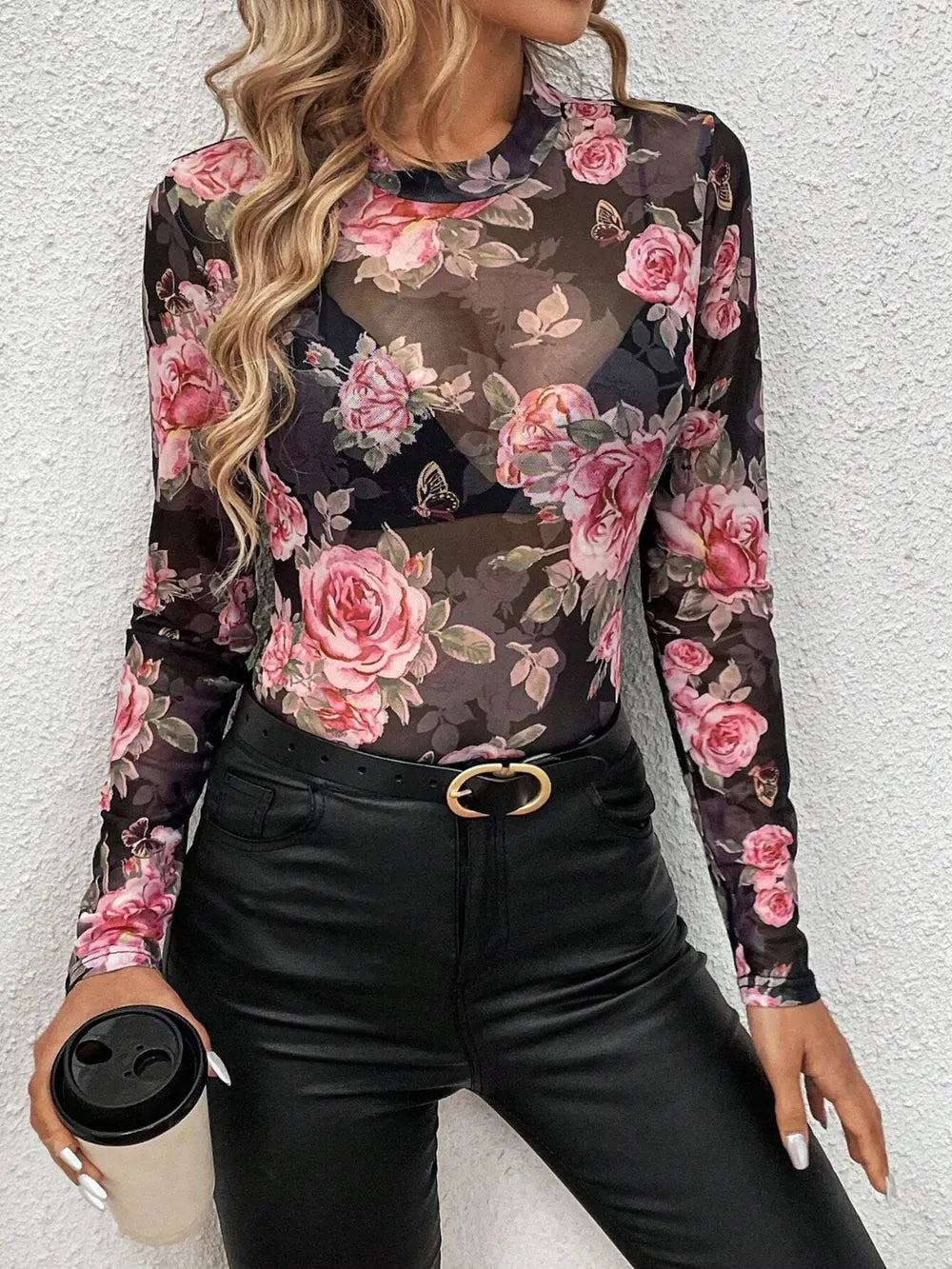 Trendsi Black / S Mesh Floral Mock Neck Long Sleeve Top