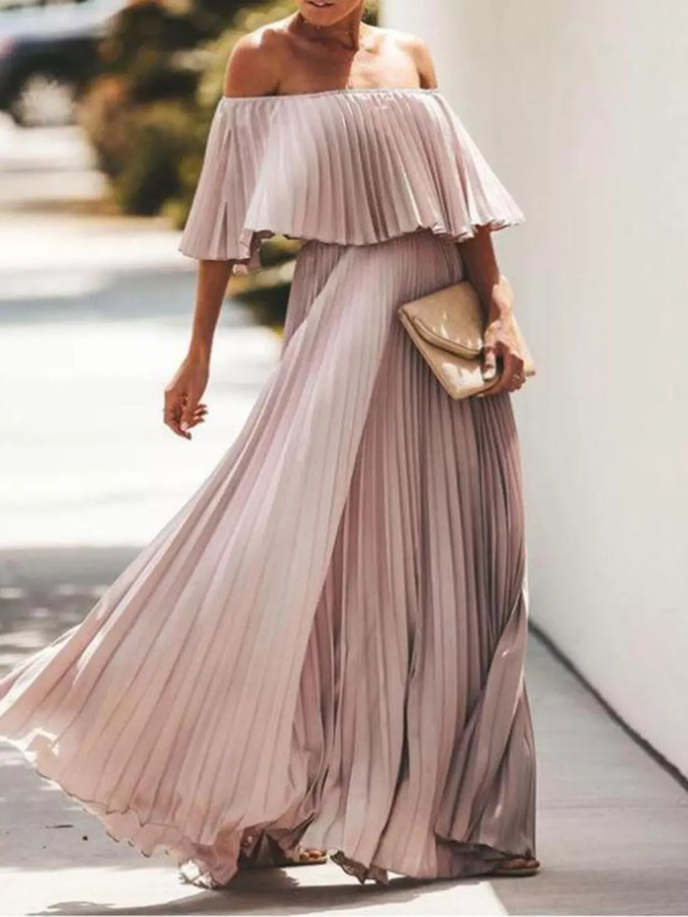 Trendsi dress Lotus Root Color / S Full Size Off-Shoulder Pleated Maxi Dress Plus Size