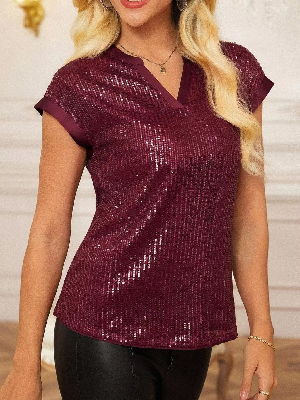 Trendsi Sequin Notched Cap Sleeve Blouse