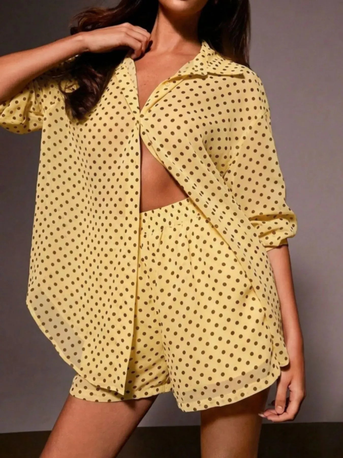 Trendsi Yellow / S Polka Dot Button Up Shirt and Shorts Set