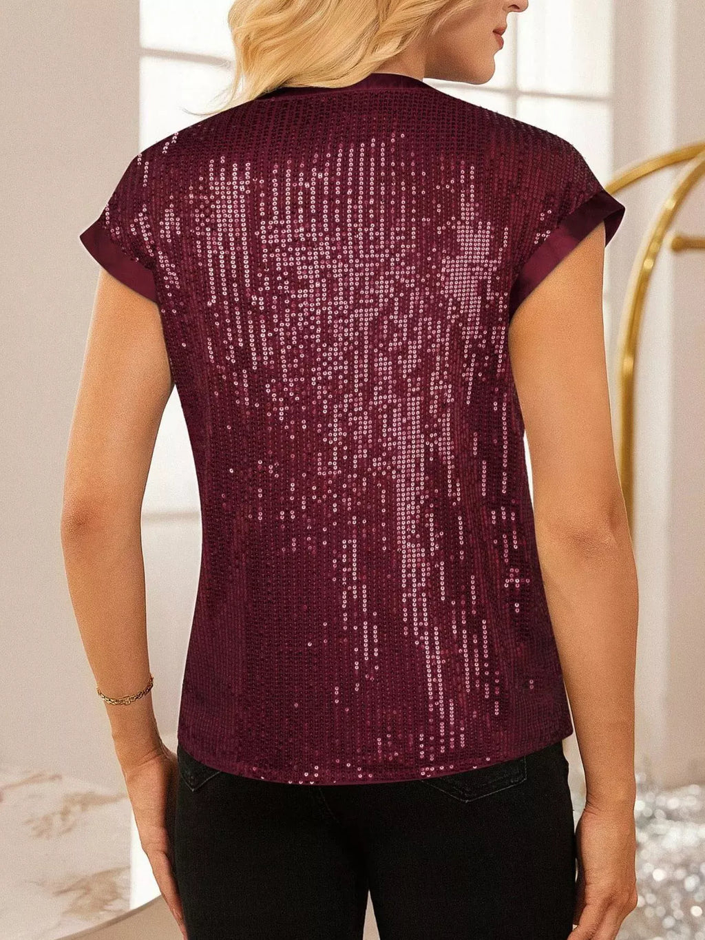 Trendsi Sequin Notched Cap Sleeve Blouse