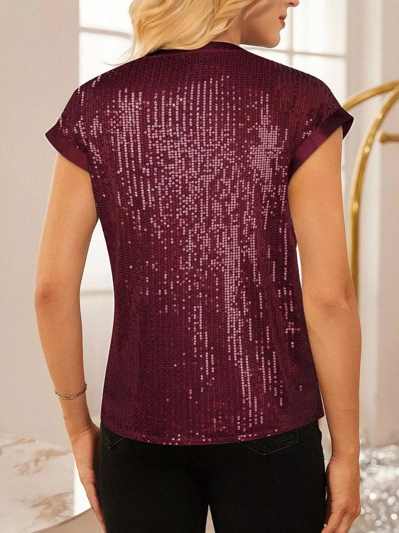 Trendsi Sequin Notched Cap Sleeve Blouse