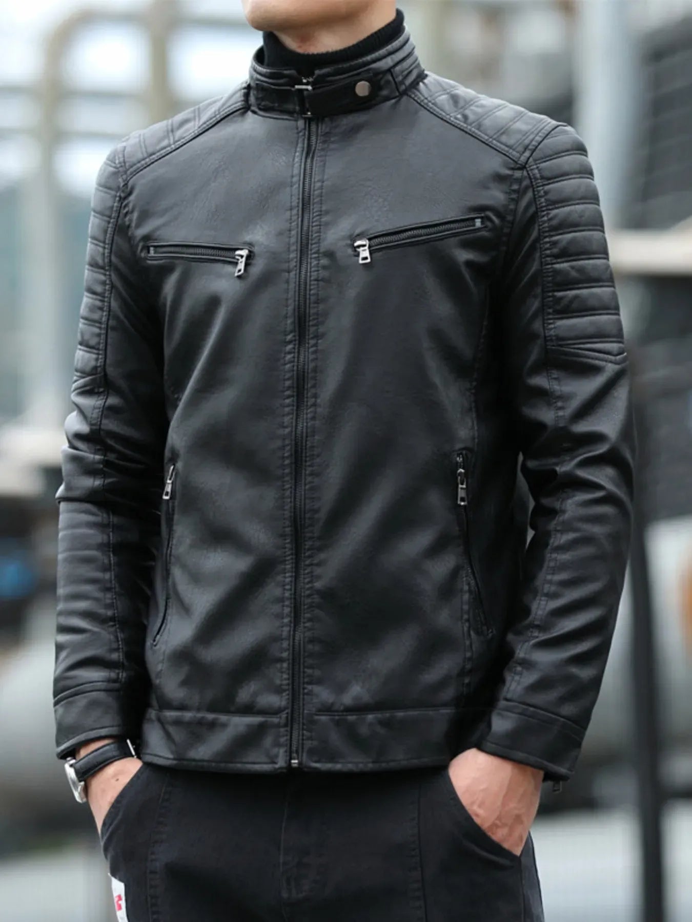 Trendsi Black / L Men's Plus Size Slim Fit Faux Leather Motorcycle Jacket