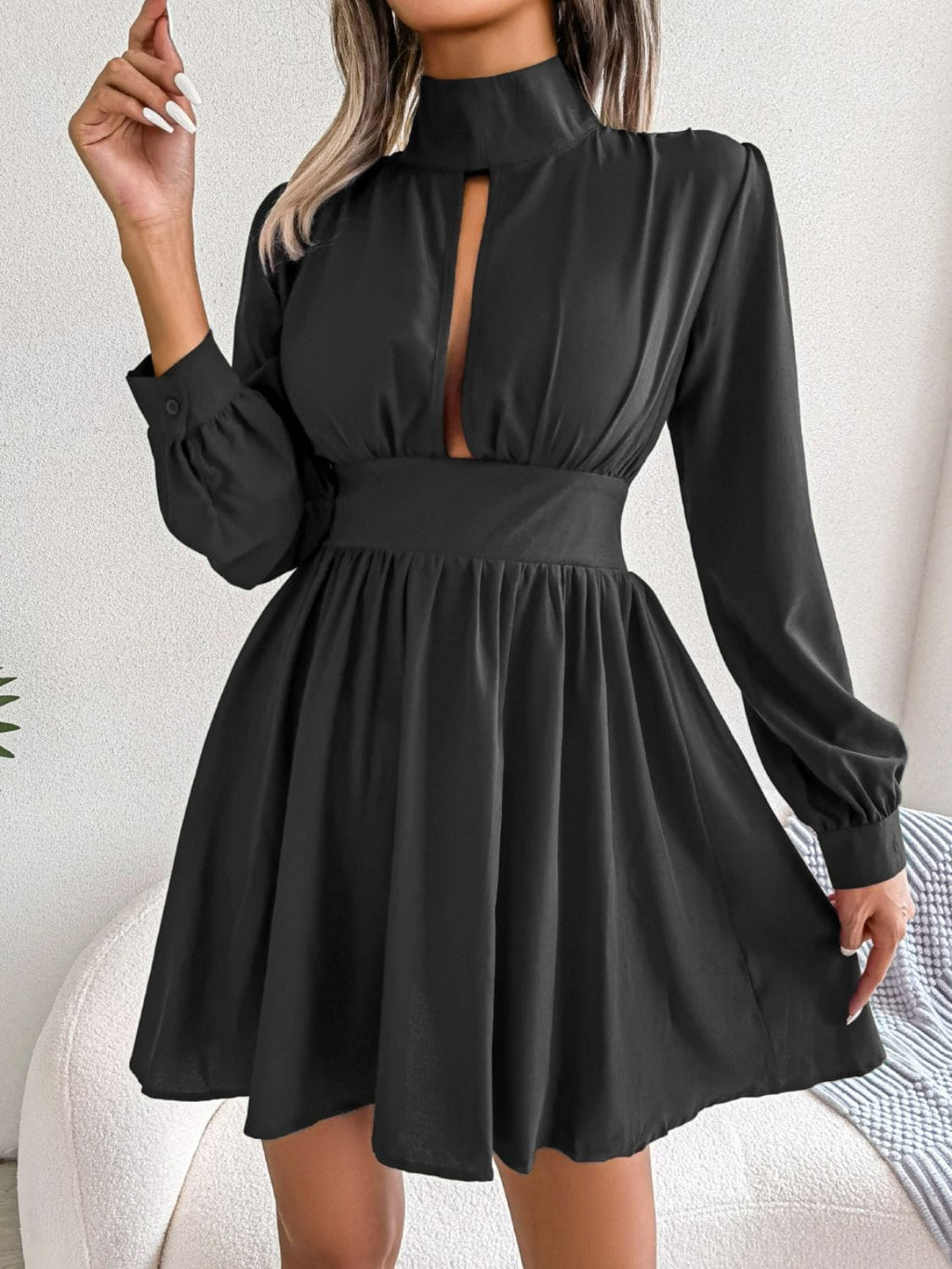 Trendsi Black / S Cutout Turtleneck A-Line Mini Dress