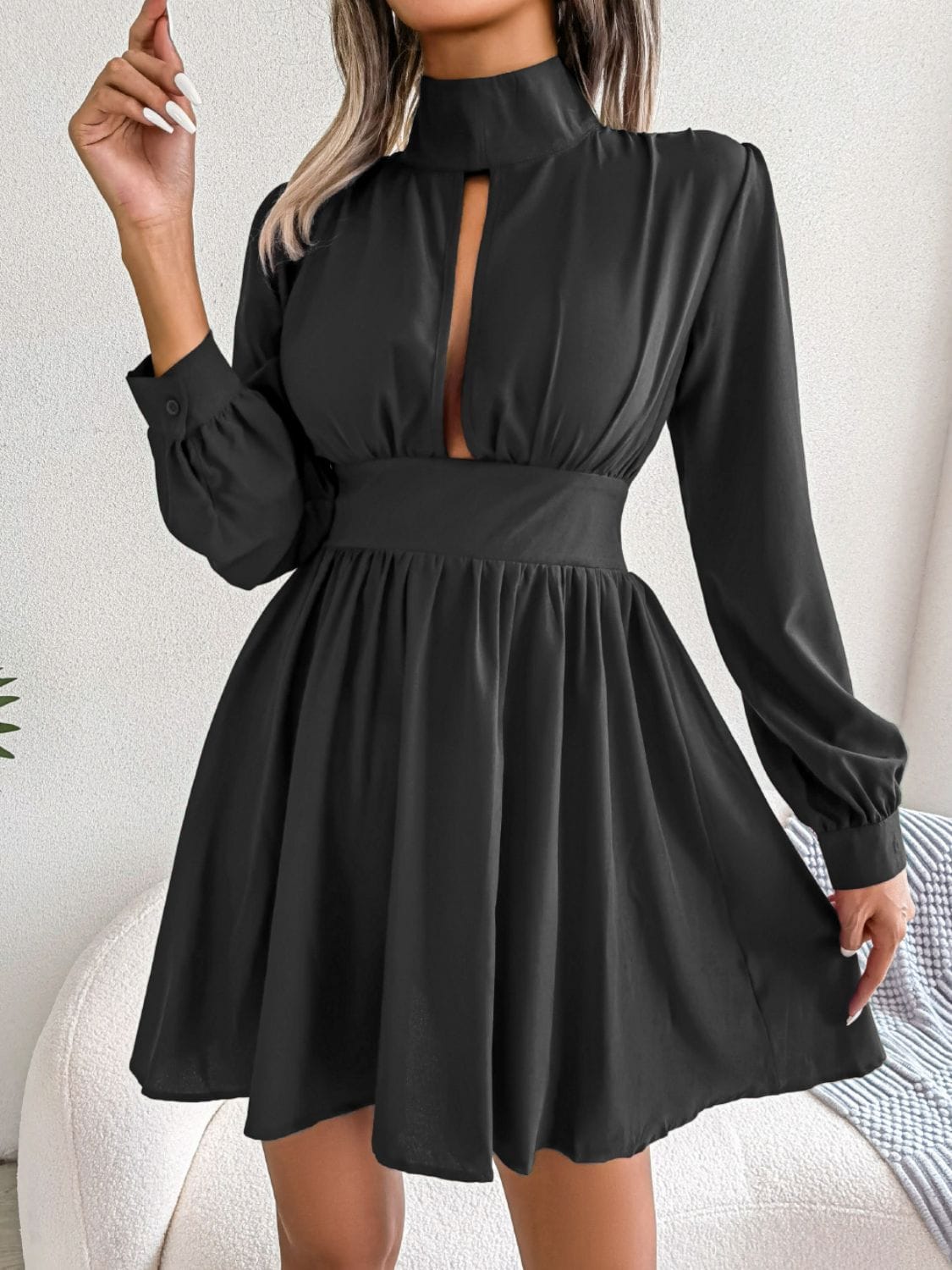 Trendsi Black / S Cutout Turtleneck A-Line Mini Dress