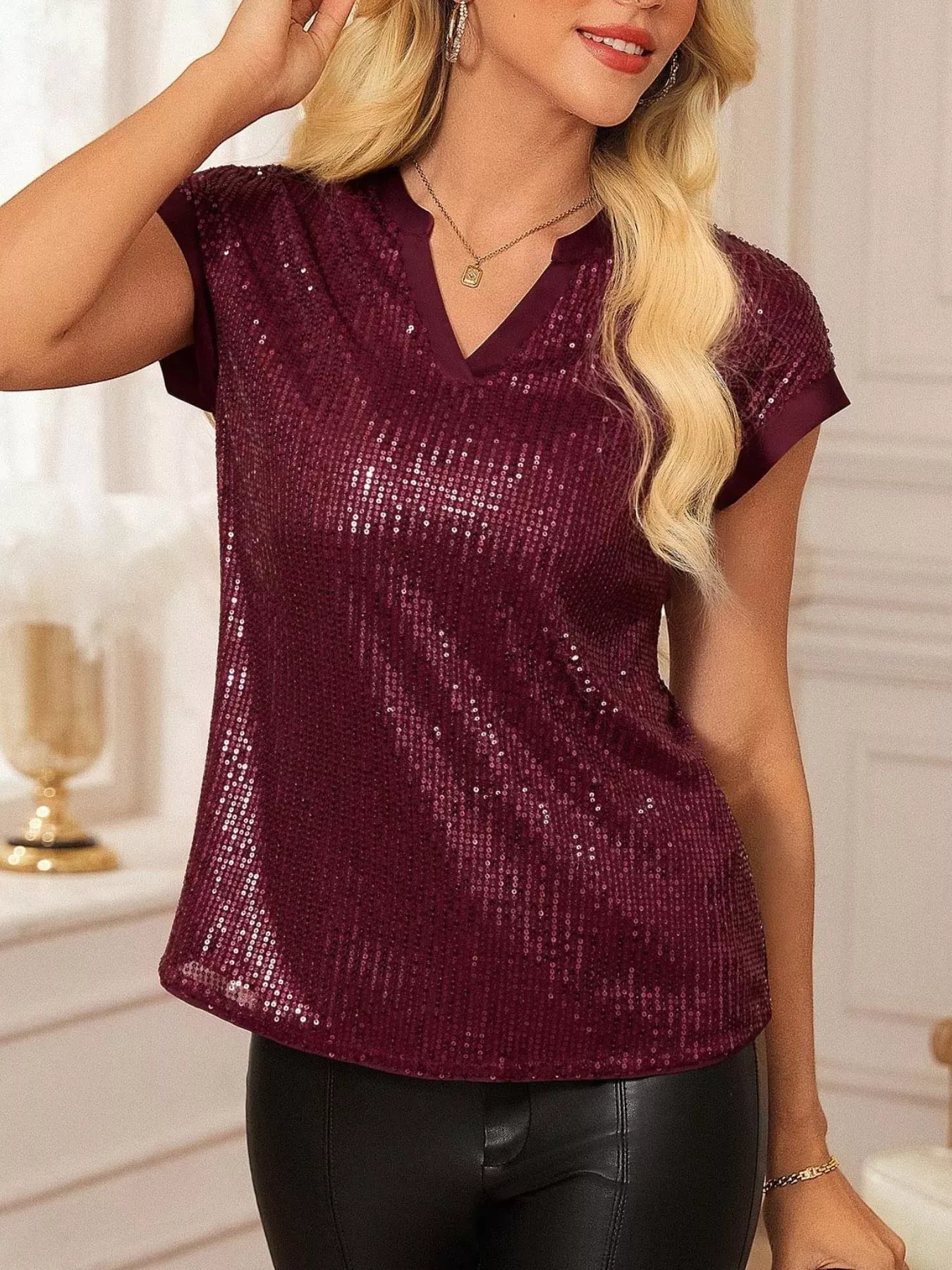 Trendsi Burgundy / S Sequin Notched Cap Sleeve Blouse