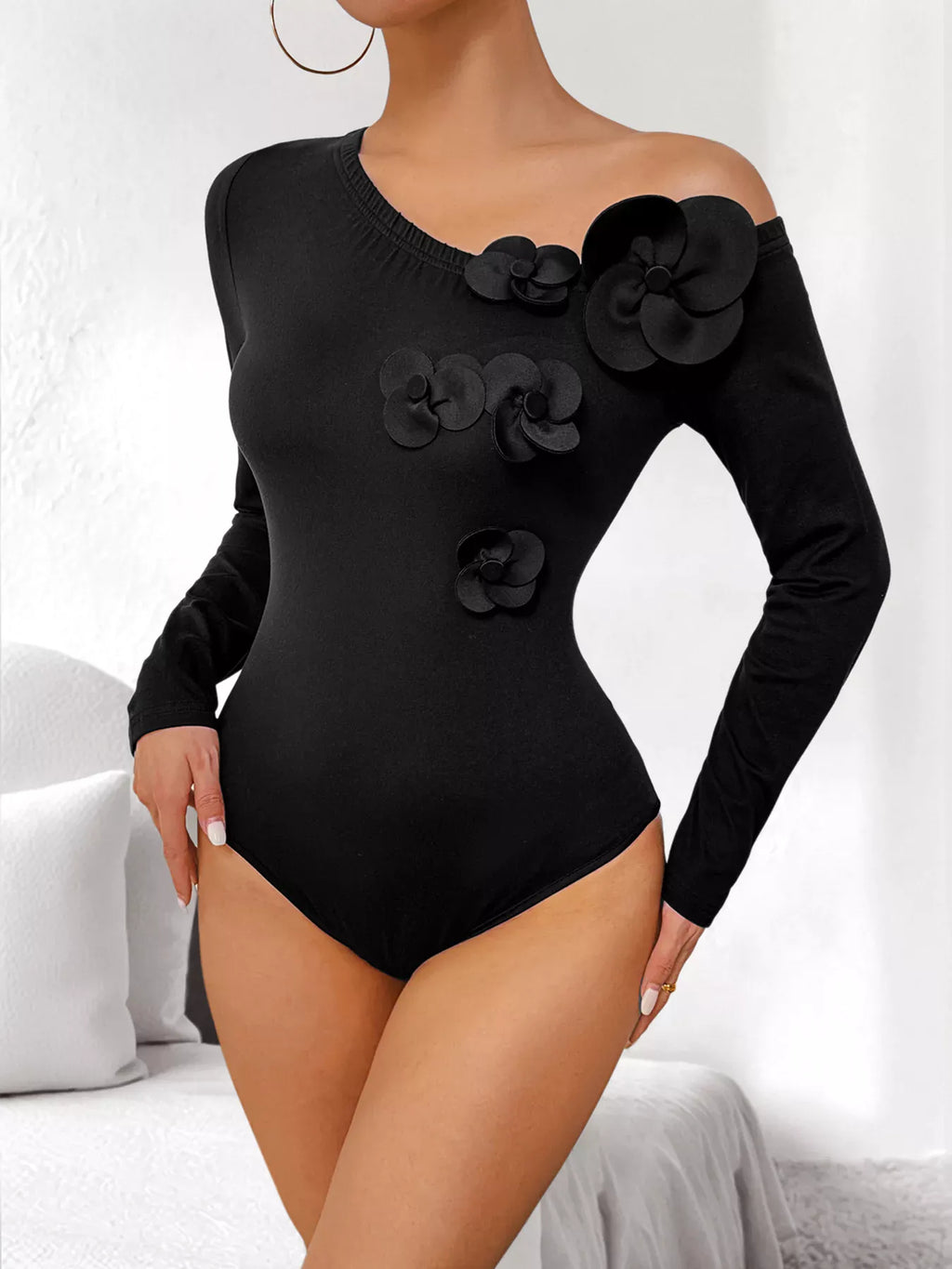 Trendsi Flower One Shoulder Long Sleeve Bodysuit