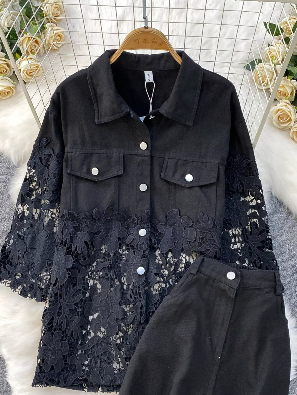 Trendsi Lace Patchwork Shacket and Pants Set