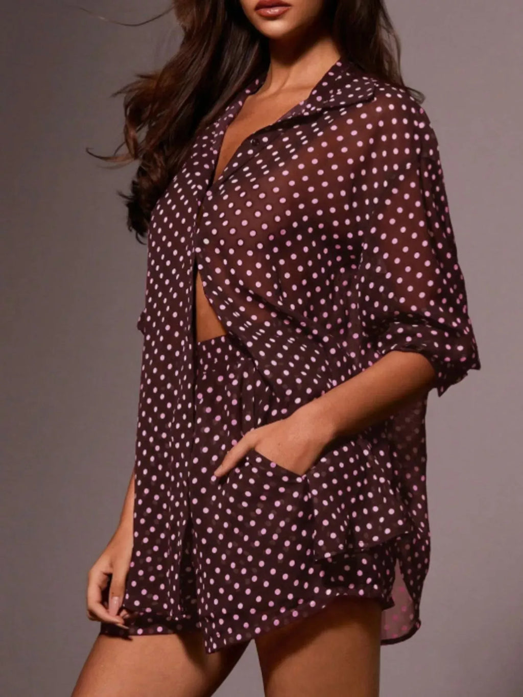 Trendsi Polka Dot Button Up Shirt and Shorts Set