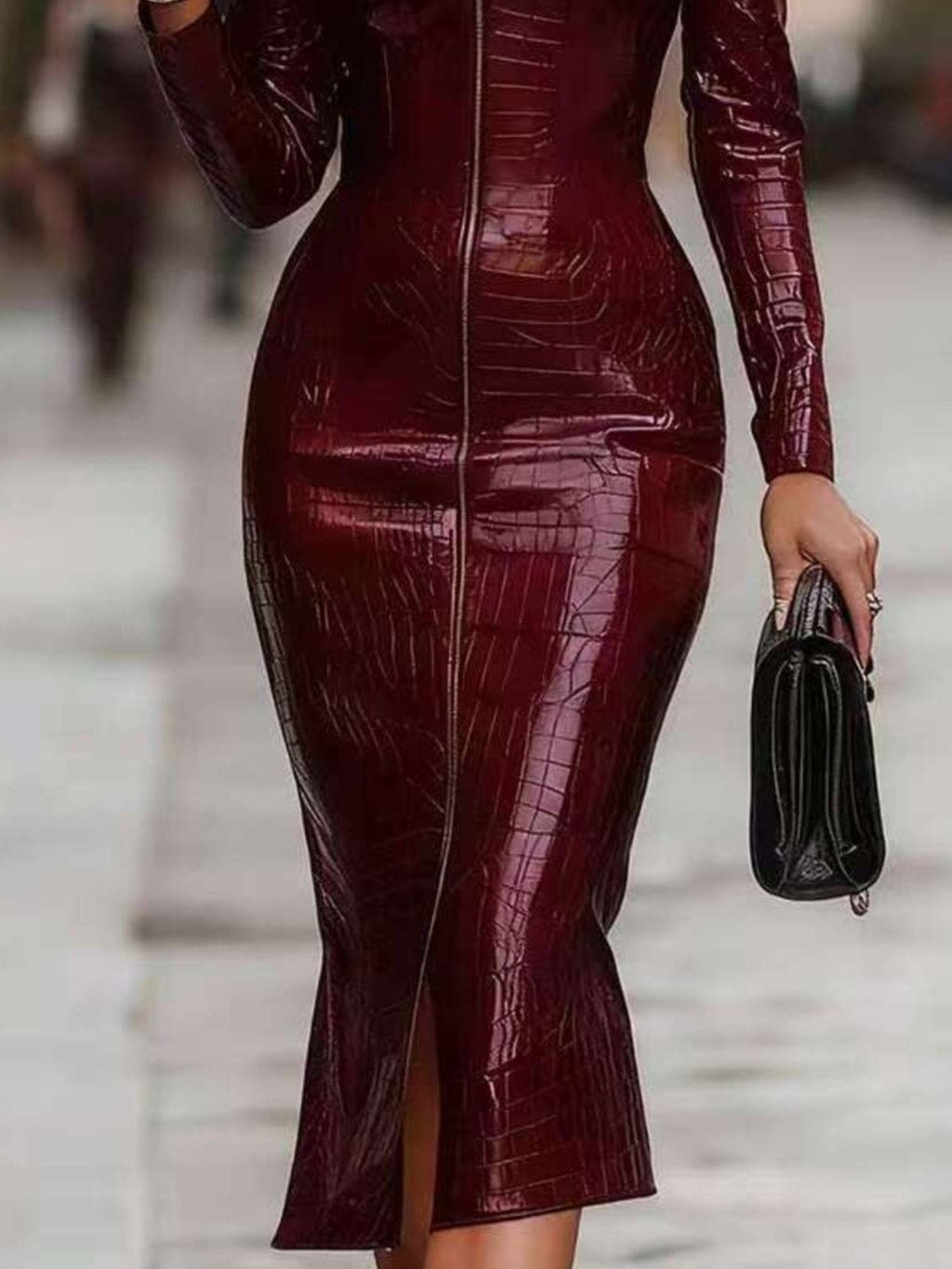 Trendsi dress Full Size Crocodile Embossed Zipper Front Bodycon Midi Dress Plus Size