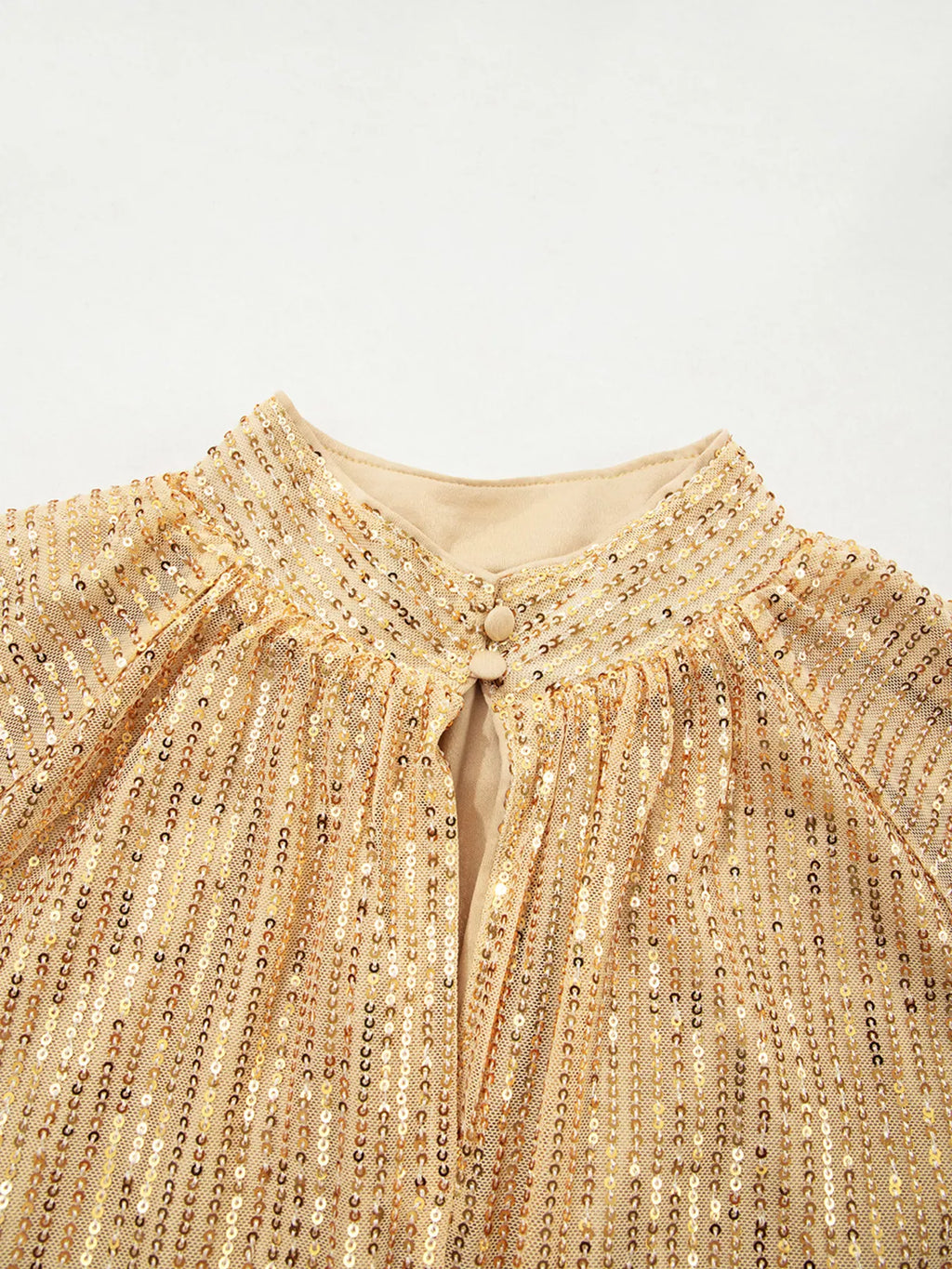Trendsi Metallic Balloon Sleeve Buttoned High Neck Loose Blouse