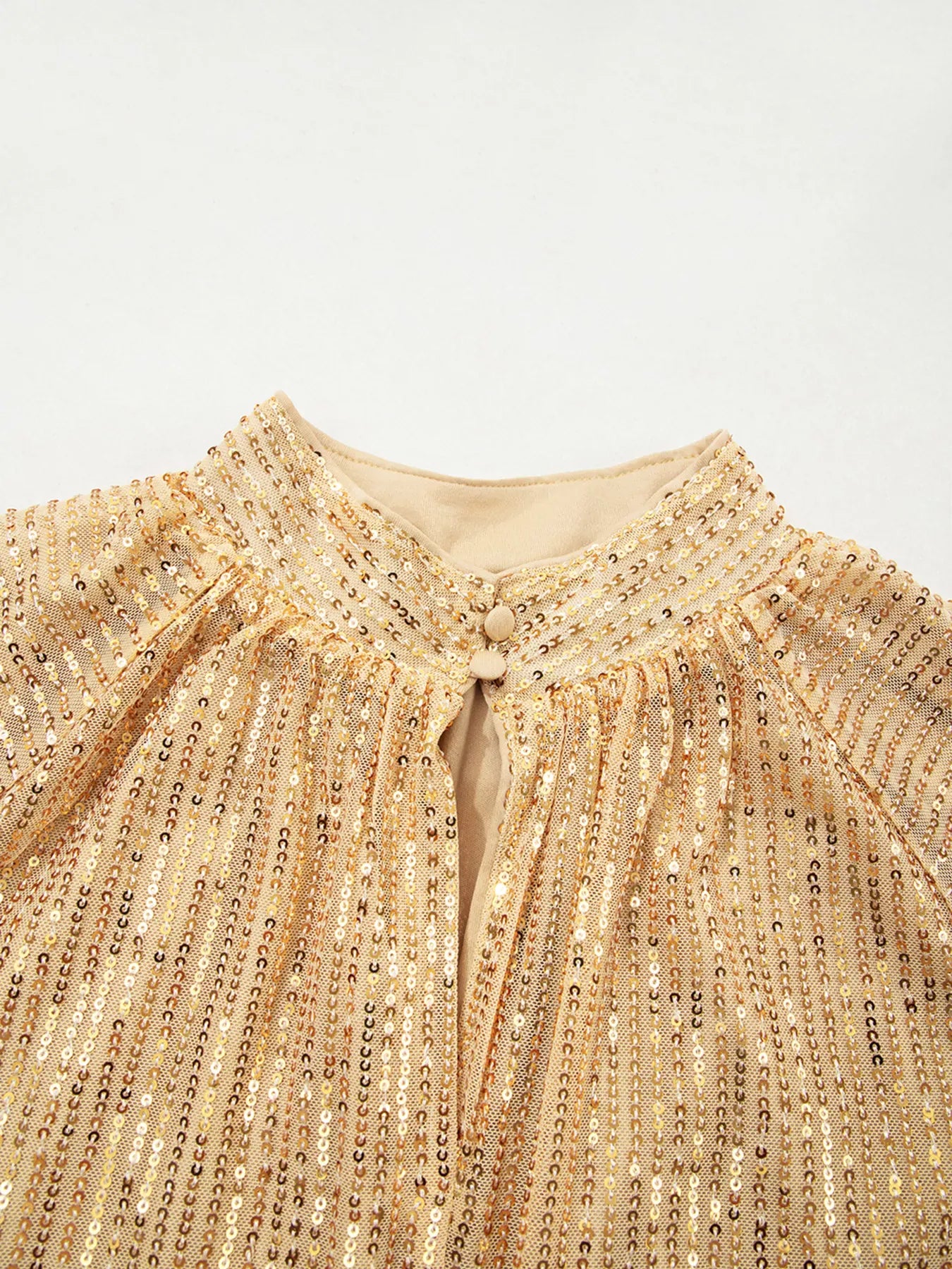 Trendsi Metallic Balloon Sleeve Buttoned High Neck Loose Blouse