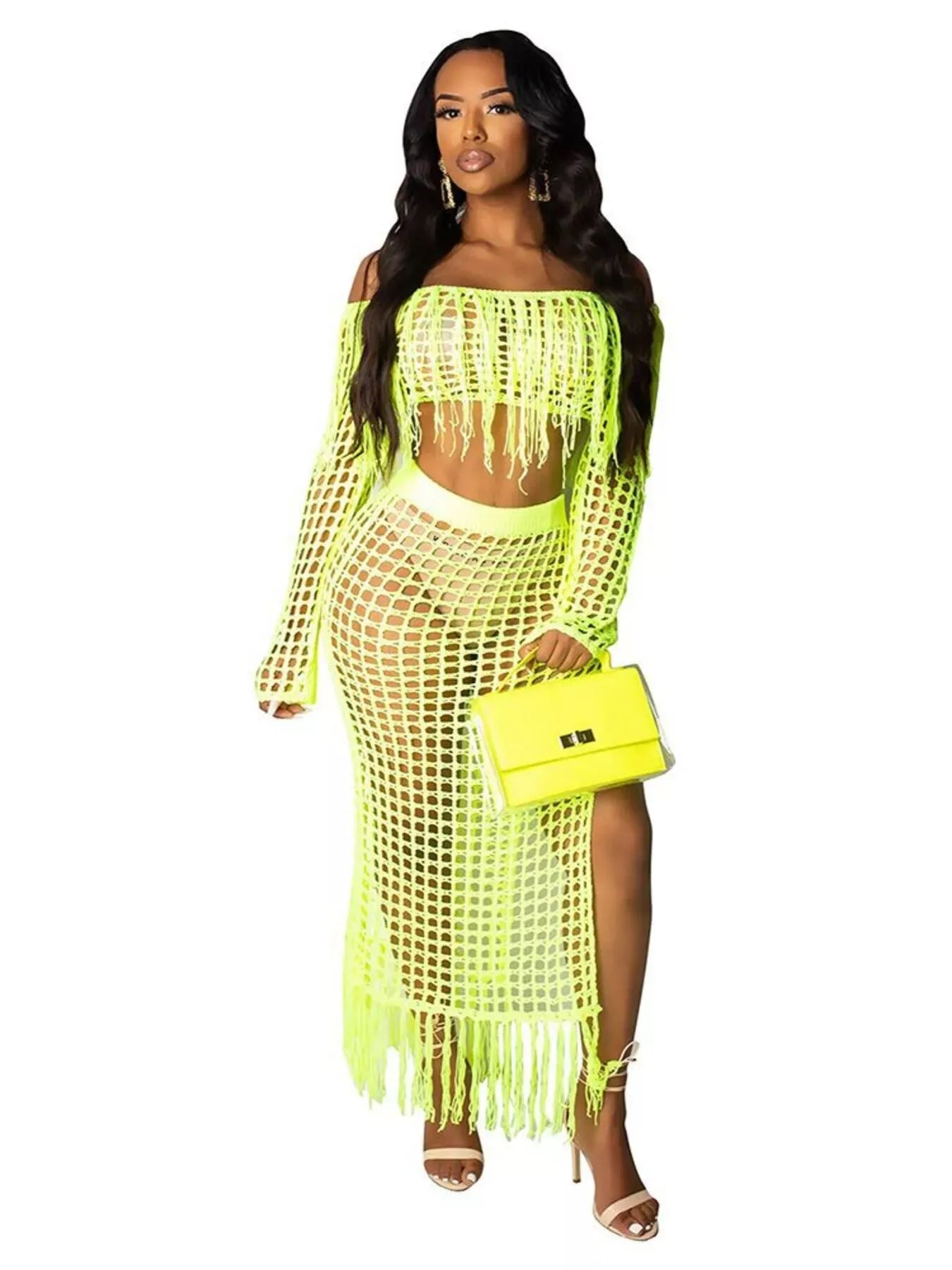 Trendsi Yellow Green / S Full Size Crochet Off-Shoulder Fringe Top and Skirt Set Plus Size