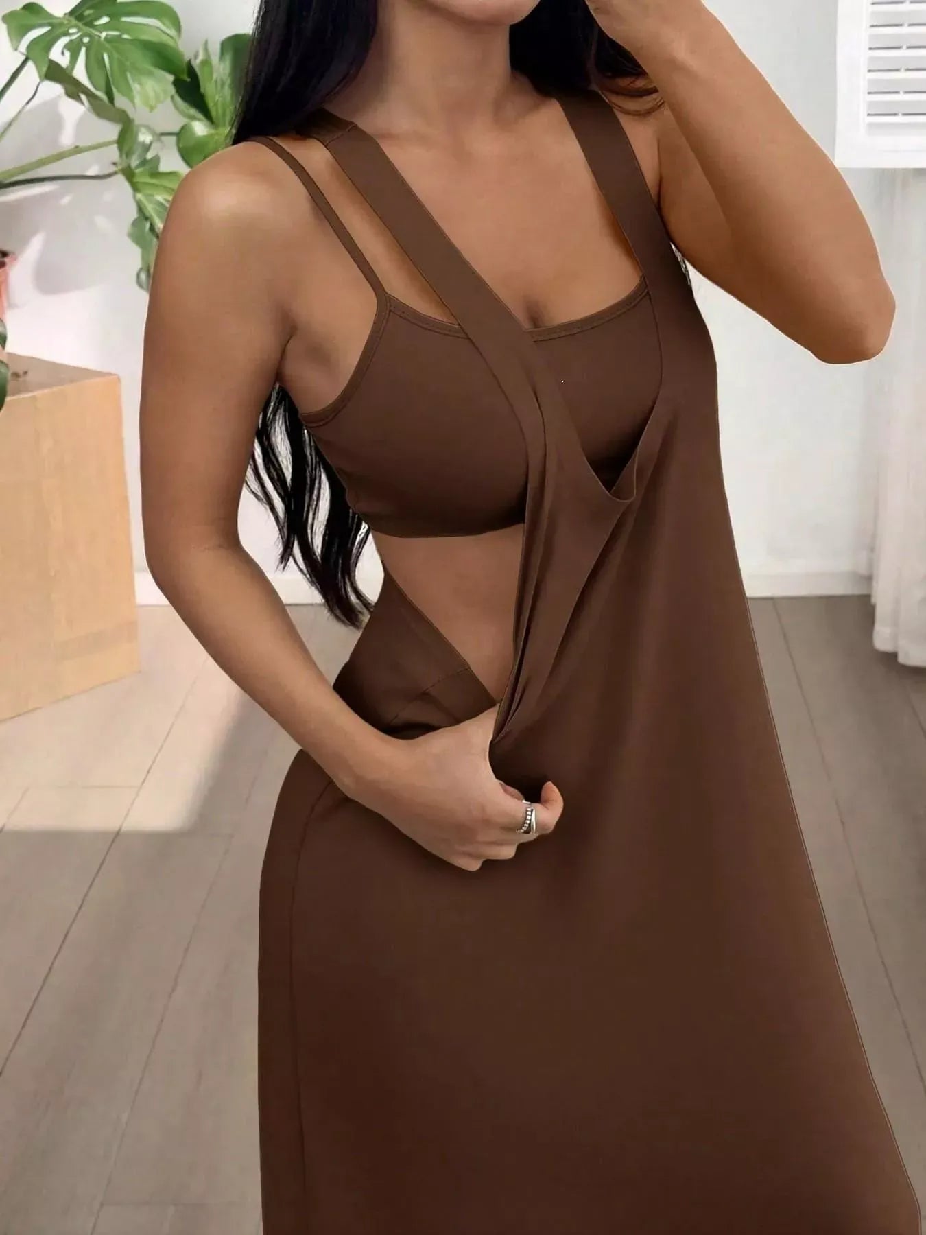 Trendsi Brown / S Scoop Neck Cami and Maxi Dress Set