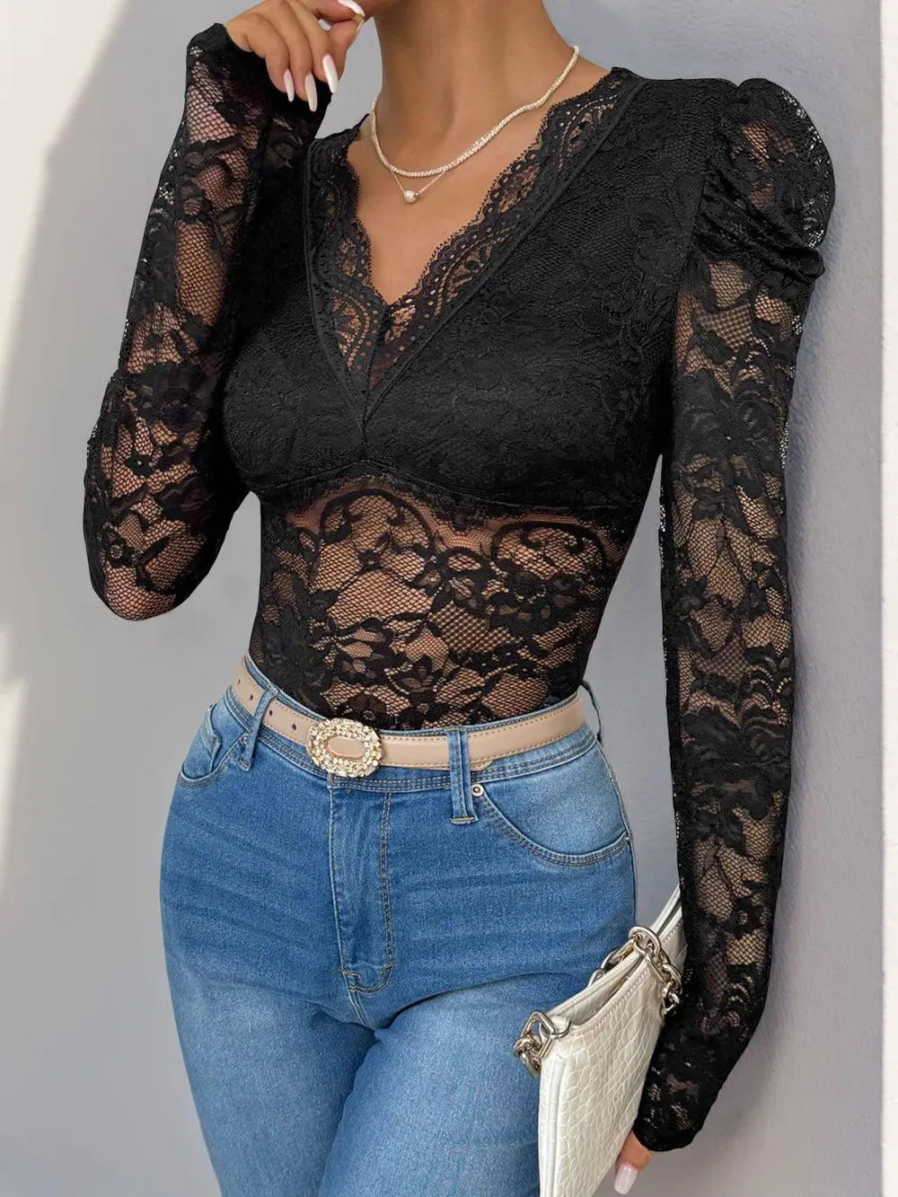Trendsi Black / S Perfee Lace V-Neck Long Sleeve Bodysuit