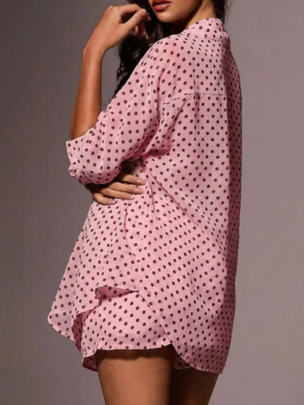 Trendsi Polka Dot Button Up Shirt and Shorts Set