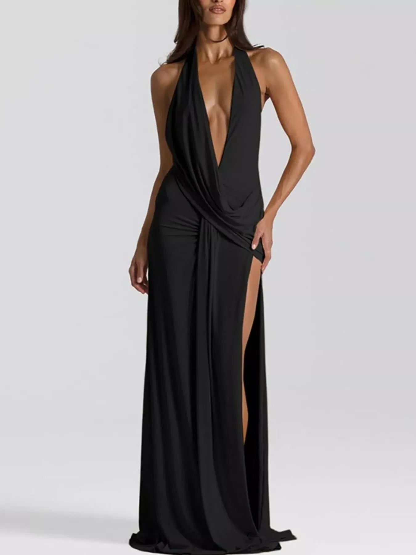 Trendsi Dress Black / S Split Backless Halter Neck Maxi Dress